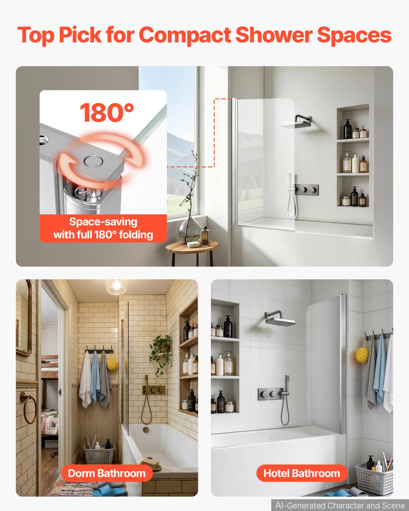 Top Pick for Compact Shower Spaces

180°
Space-saving with full 180° folding

Dorm Bathroom

Hotel Bathroom

AI-Generated Character and Scene