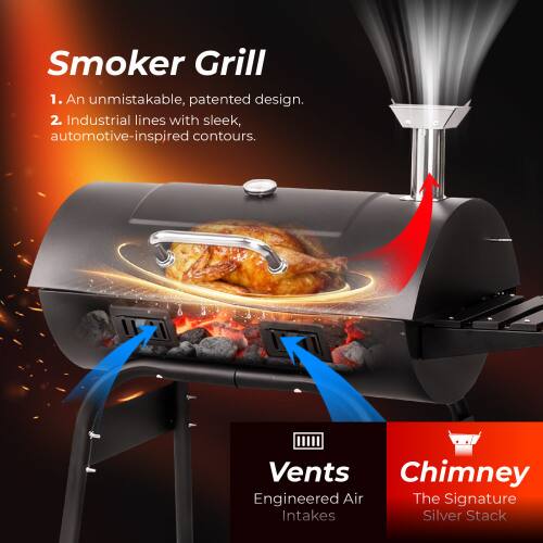 Smoker Grill

1. An unmistakable, patented design.
2. Industrial lines with sleek, automotive-inspired contours.

Vents  
Engineered Air Intakes

Chimney  
The Signature Silver Stack