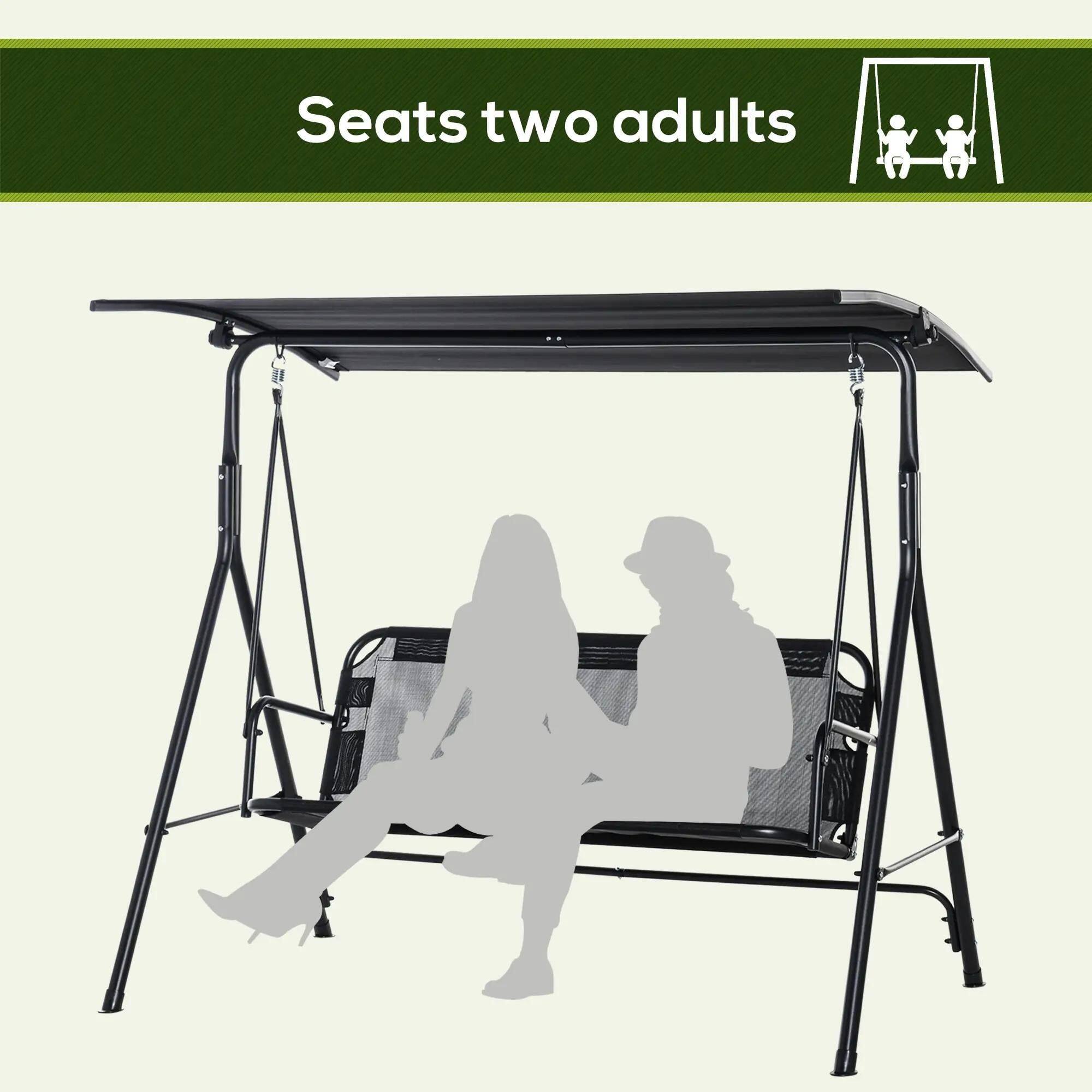 The text on the image is: "Seats two adults."