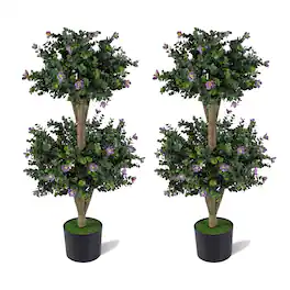 Costway - 2 Pack 36" Artificial Double Ball Boxwood Topiary Tree with 41 Blossoms Plastic Pot - Green & Black & Purple