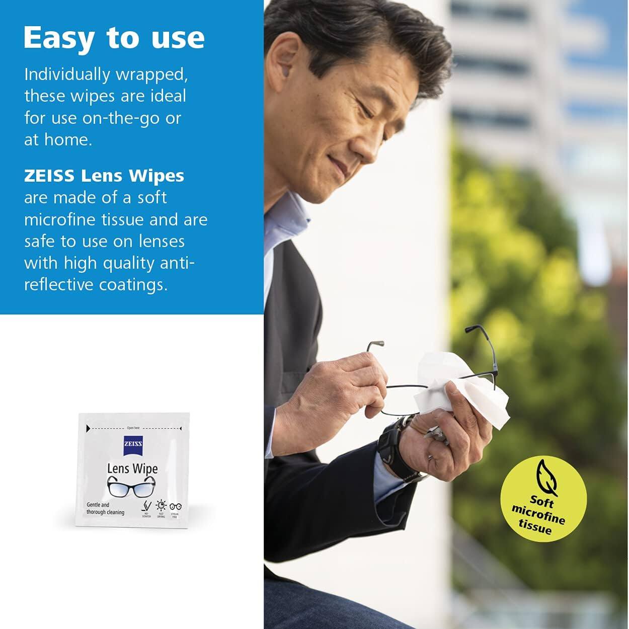 Easy to use  
Individually wrapped, these wipes are ideal for use on-the-go or at home.  

ZEISS Lens Wipes are made of a soft microfine tissue and are safe to use on lenses with high quality anti-reflective coatings.  

ZEISS Lens Wipe  
Gentle and thorough cleaning  

Soft microfine tissue