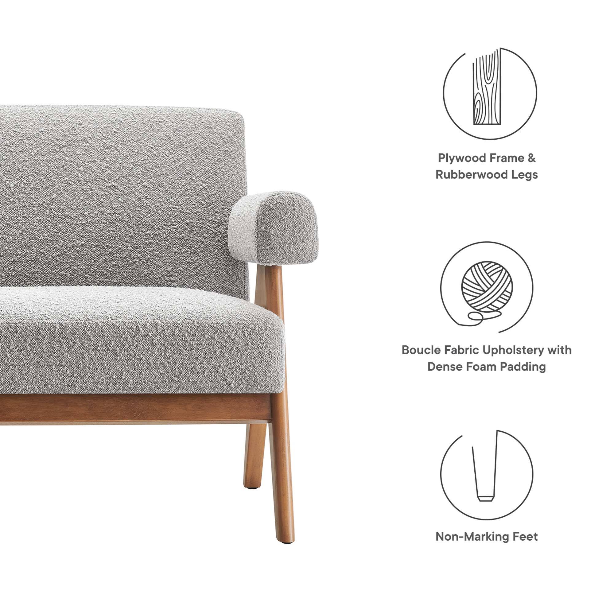 Plywood Frame & Rubberwood Legs  
Boucle Fabric Upholstery with Dense Foam Padding  
Non-Marking Feet
