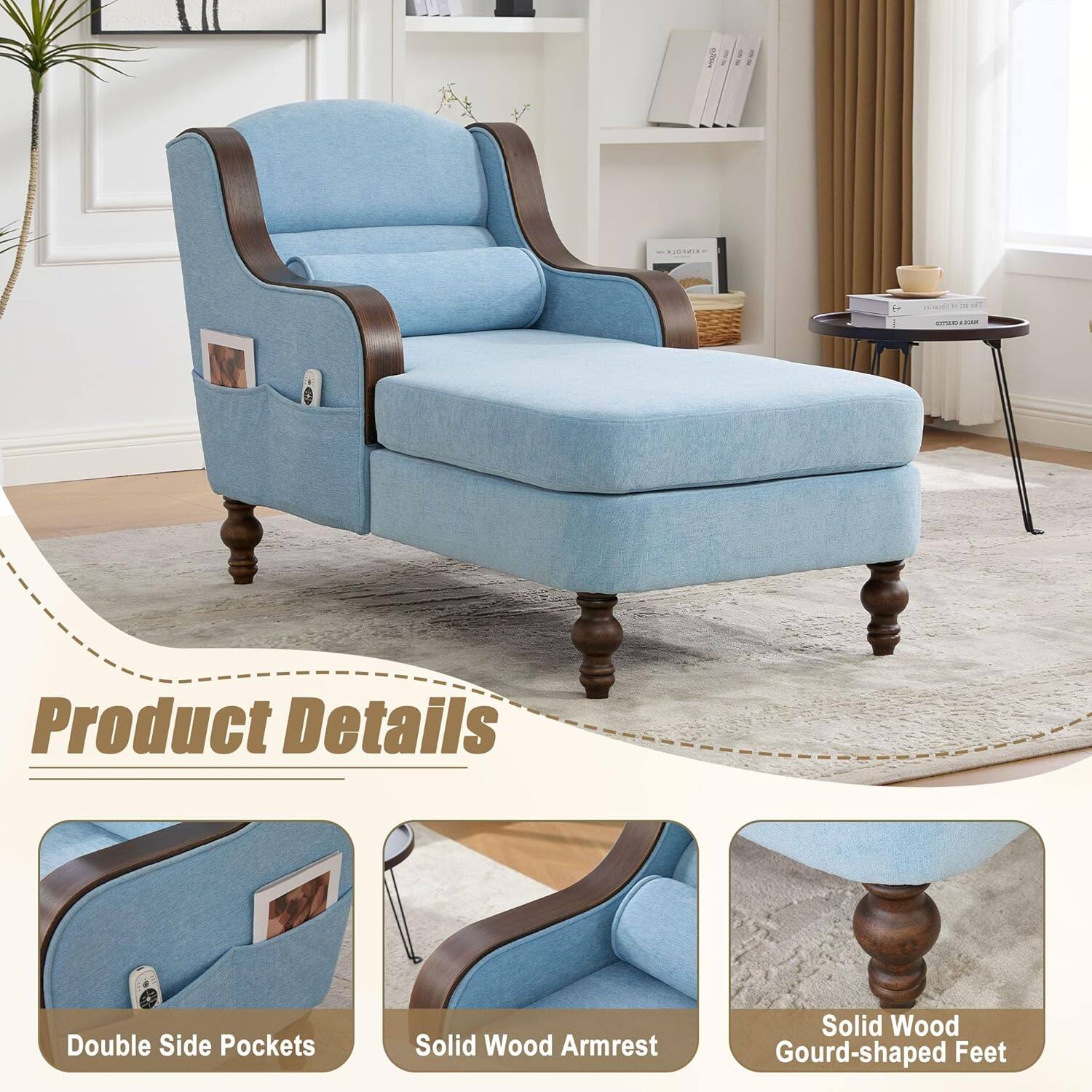 Product Details

- Double Side Pockets
- Solid Wood Armrest
- Solid Wood Gourd-shaped Feet