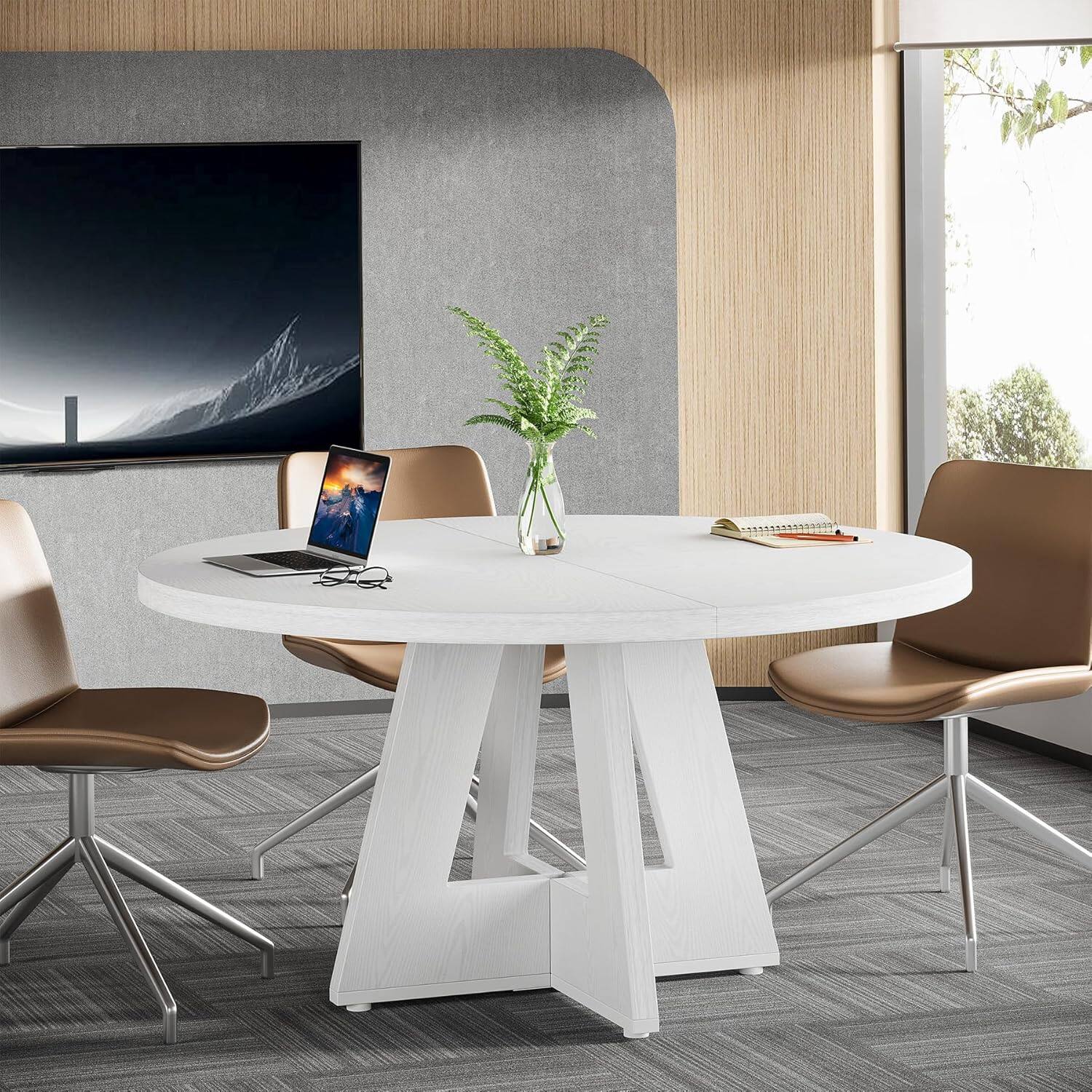 Angle. Tribesigns - Round Conference Table with Wood Construction and Adjustable Feet for Meetings, Writing and Everyday Work - White.