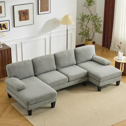 Front. Winado - 112" Sectional Couches Chenille Upholstery U-Shape 4 Seat Sofa Set with Double Chaises & Wood Grain Legs for Living Room - Dusty Blue.