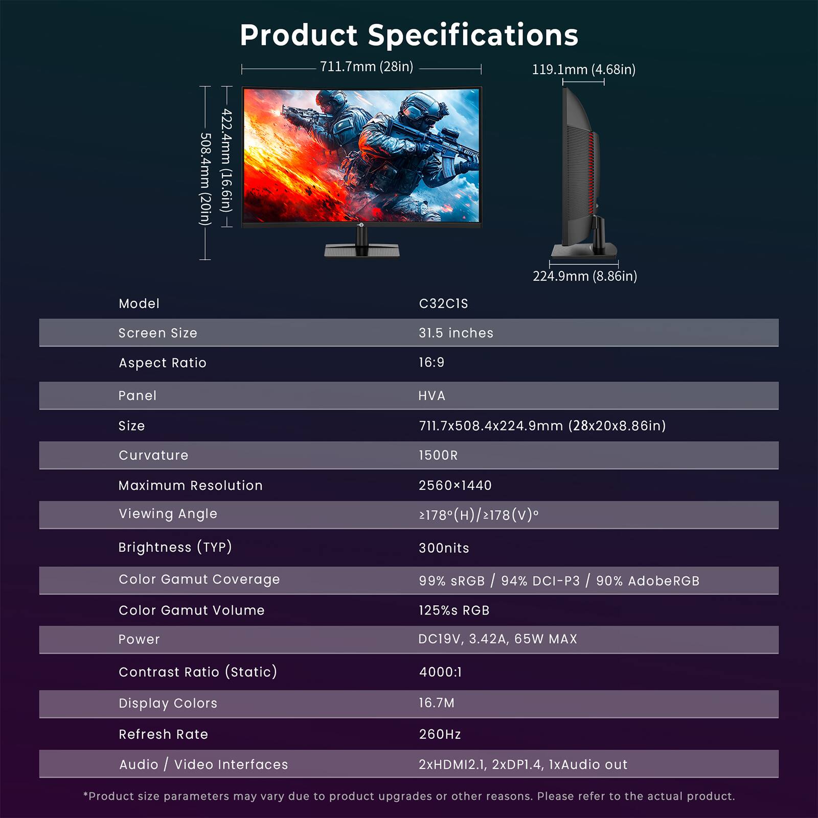 **Product Specifications**

- **Model:** C32C1S
- **Screen Size:** 31.5 inches
- **Aspect Ratio:** 16:9
- **Panel:** HVA
- **Size:** 711.7x508.4x224.9mm (28x20x8.86in)
- **Curvature:** 1500R
- **Maximum Resolution:** 2560x1440
- **Viewing Angle:** >178°(H)/>178°(V)
- **Brightness (TYP):** 300nits
- **Color Gamut Coverage:** 99% sRGB / 94% DCI-P3 / 90% AdobeRGB
- **Color Gamut Volume:** 125% sRGB
- **Power:** DC19V, 3.42A, 65W MAX
- **Contrast Ratio (Static):** 4000:1
- **Display Colors:** 16.7M
- **Refresh Rate:** 260Hz
- **Audio