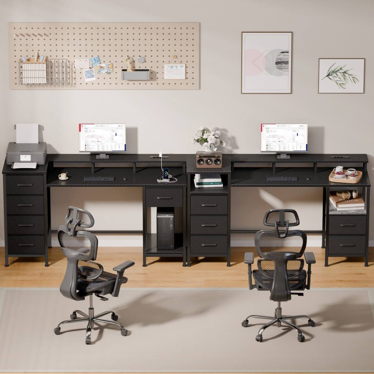 Alt View 6. Furnulem - Computer Desk with LED Lights and Power Outlet 5 Fabric Drawers Monitor Stand Gaming Desk for Home Office - Carbon Fiber Black.
