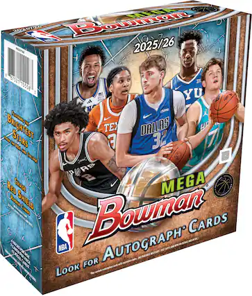 UBA Bommian 0 202506 NBA ESIT 2025/26 8 87521 2 15558 3 YU S P chime FEATURING THE BRIGHTEST STARS FROM THE NBA AND COLLEGE MEGA BOWMAN AUTOGRAPH CARDS 2025/26
CHASE RED SHIELD Rookie Cards
LOOK FOR AUTOGRAPH CARDS
7 CARDS PER PACK
40 PACKS PER BOX
NBA
May contain redemption cards with expiration dates. (A) PURCHASE NECESSARY. VISIT TOPPS.COM/NBA FOR DETAILS AND ENTRY.
2025/26
FEATURING THE BRIGHTEST STARS FROM THE NBA AND COLLEGE
CHASE RED SHIELD Rookie Cards
7 CARDS PER PACK
40 PACKS PER BOX
NBA
May contain redemption cards with expiration dates. (A) PURCHASE NECESSARY. VISIT TOPPS.COM/NBA FOR DETAILS AND ENTRY.