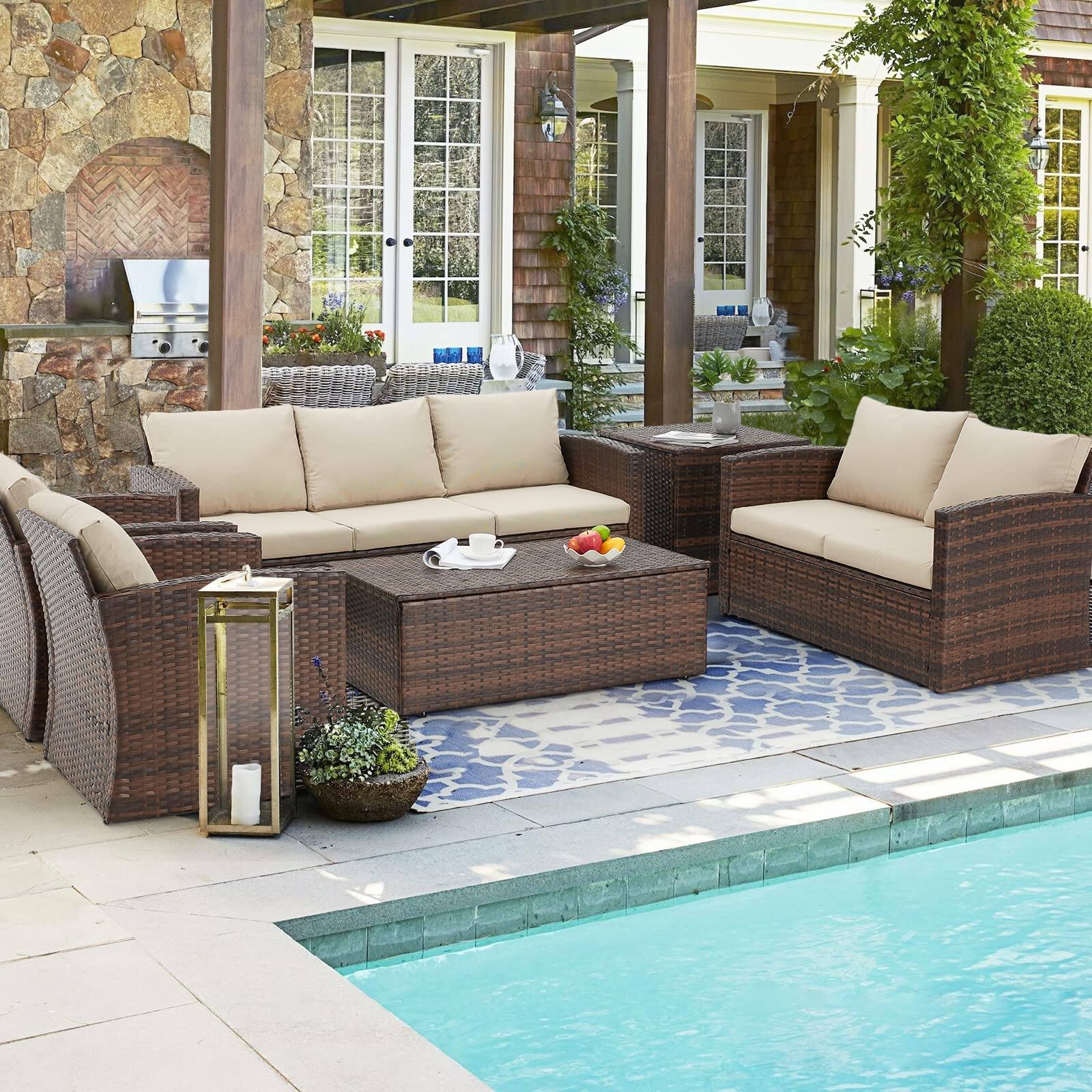 Angle. Mondawe - 7-Piece Rattan Storage Seating Set with Coffee Table and Side Table - Brown+Beige.