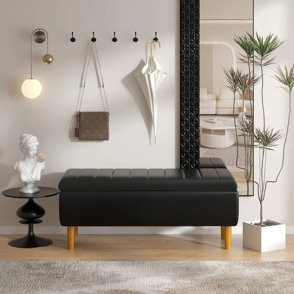 Angle. SlickBlue - Modern Mid-Century Storage Bench Ottoman with Faux Leather Upholstery - Black.
