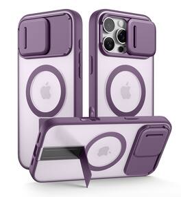 SURITCH - Rugged Case for iPhone 16 Pro Max, Compatible with MagSafe, Built-in Kickstand & Camera Cover & Translucent Back - Dark Purple