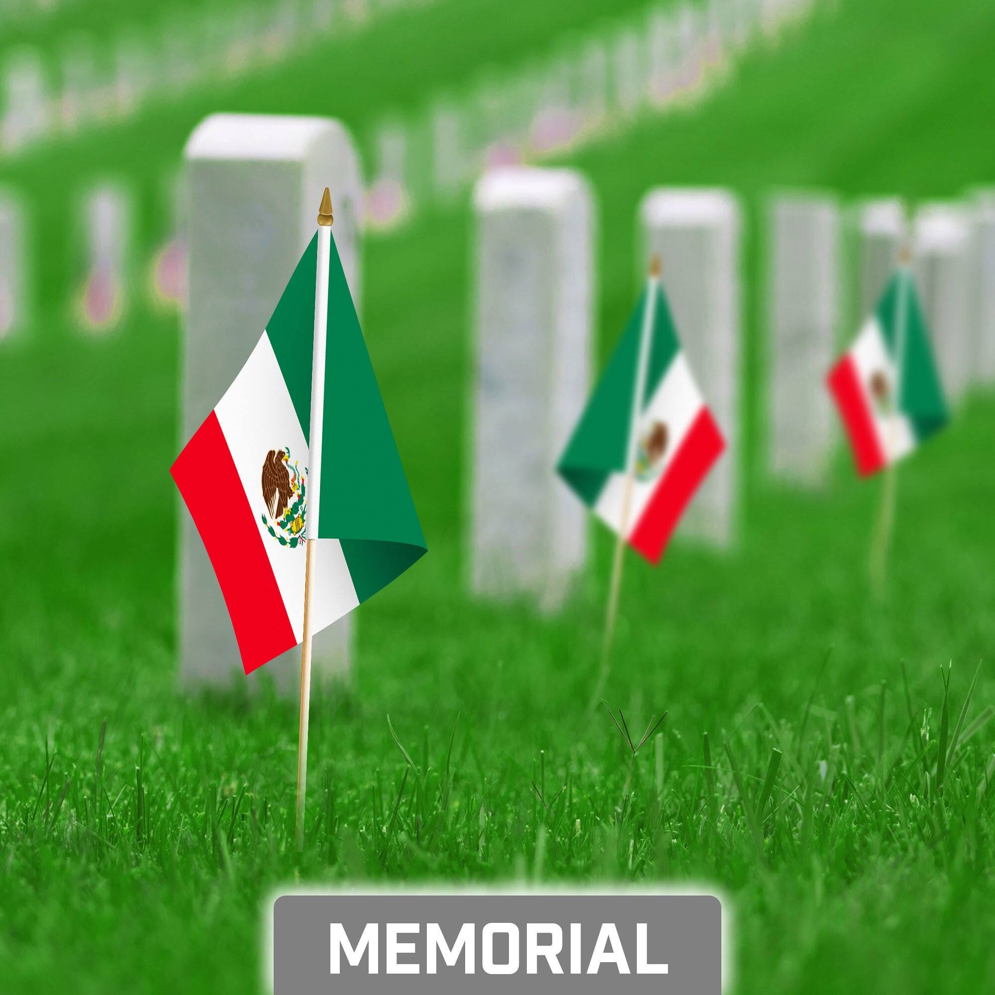 Back. G128 - 50-Pack Handheld Mexico Flags, 8 x 12 in, 150D Polyester with Wooden Stick and Gold Spear Tip. - Assorted Colors.