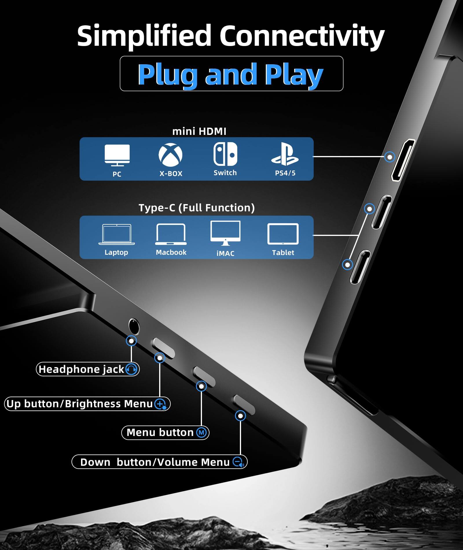 Simplified Connectivity  
Plug and Play  

mini HDMI  
PC  
X-BOX  
Switch  
PS4/5  

Type-C (Full Function)  
Laptop  
Macbook  
iMAC  
Tablet  

Headphone jack  
Up button/Brightness Menu  
Menu button M  
Down button/Volume Menu