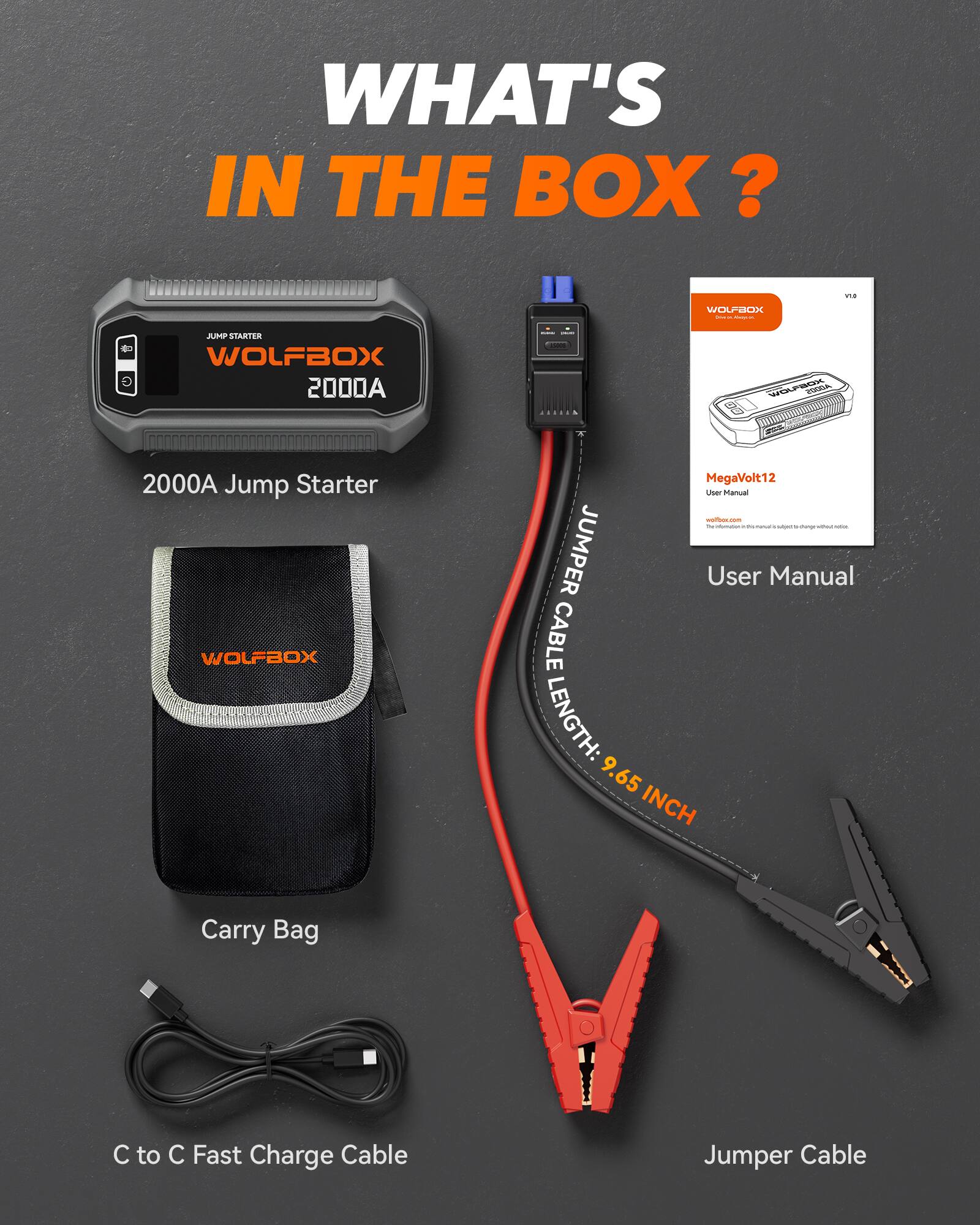 WOLFBOX 2000A Car Jump Starter, Portable Battery Booster Pack, 12V
