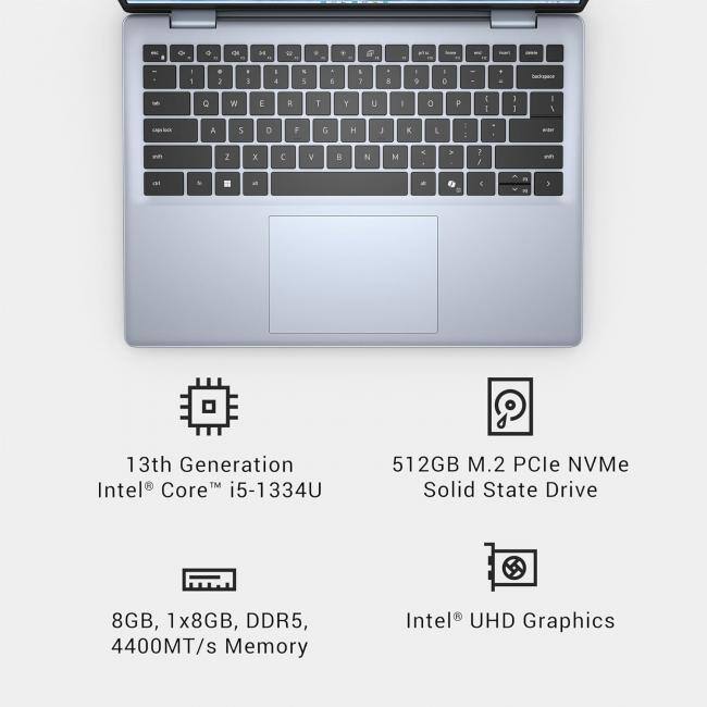 - 1 2 3 4 5 I 7 . 9 1 o Q W E R T Y U I 0 P I I 1 1 1 A 5 D F G H I K L 2 x y B N M A 1 / 6 e 3 13th Generation Intel Core i5-1334U 9 512GB M.2 PCle NVMe Solid State Drive 8GB, 1x8GB, DDR5, 4400MT/s Memory Intel UHD Graphics