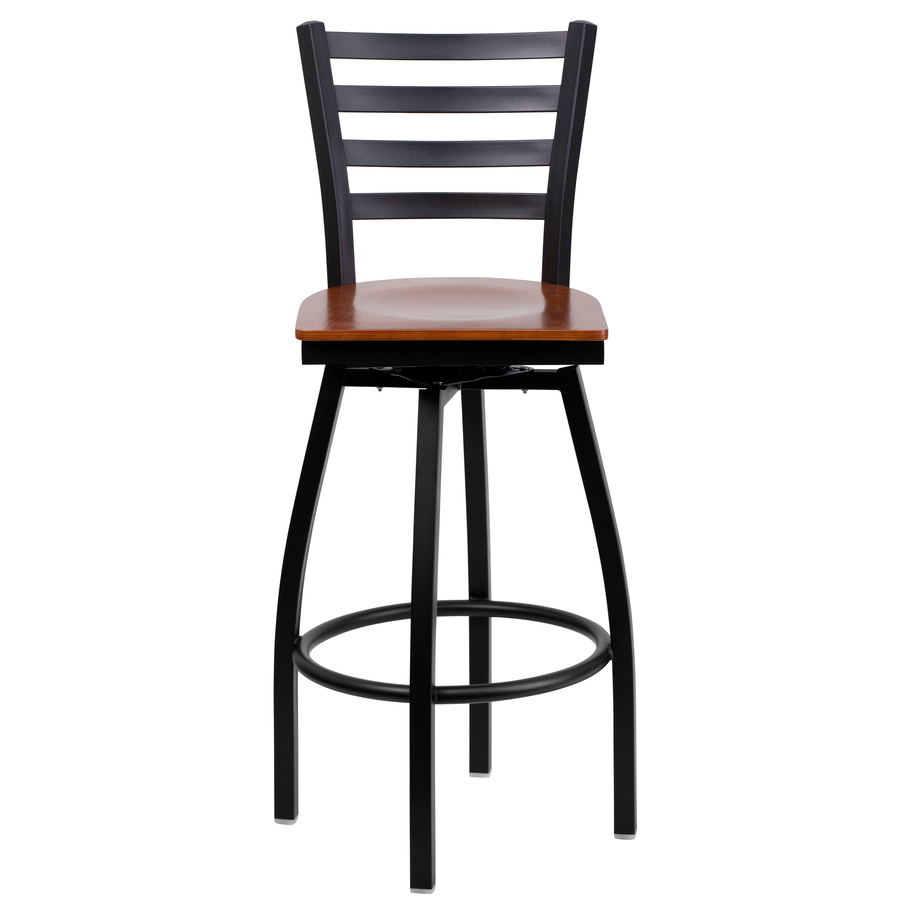 Alt View 7. Emma + Oliver - Ladder Back Swivel Metal Restaurant Dining Barstool - Cherry Wood Seat/Black Metal Frame.