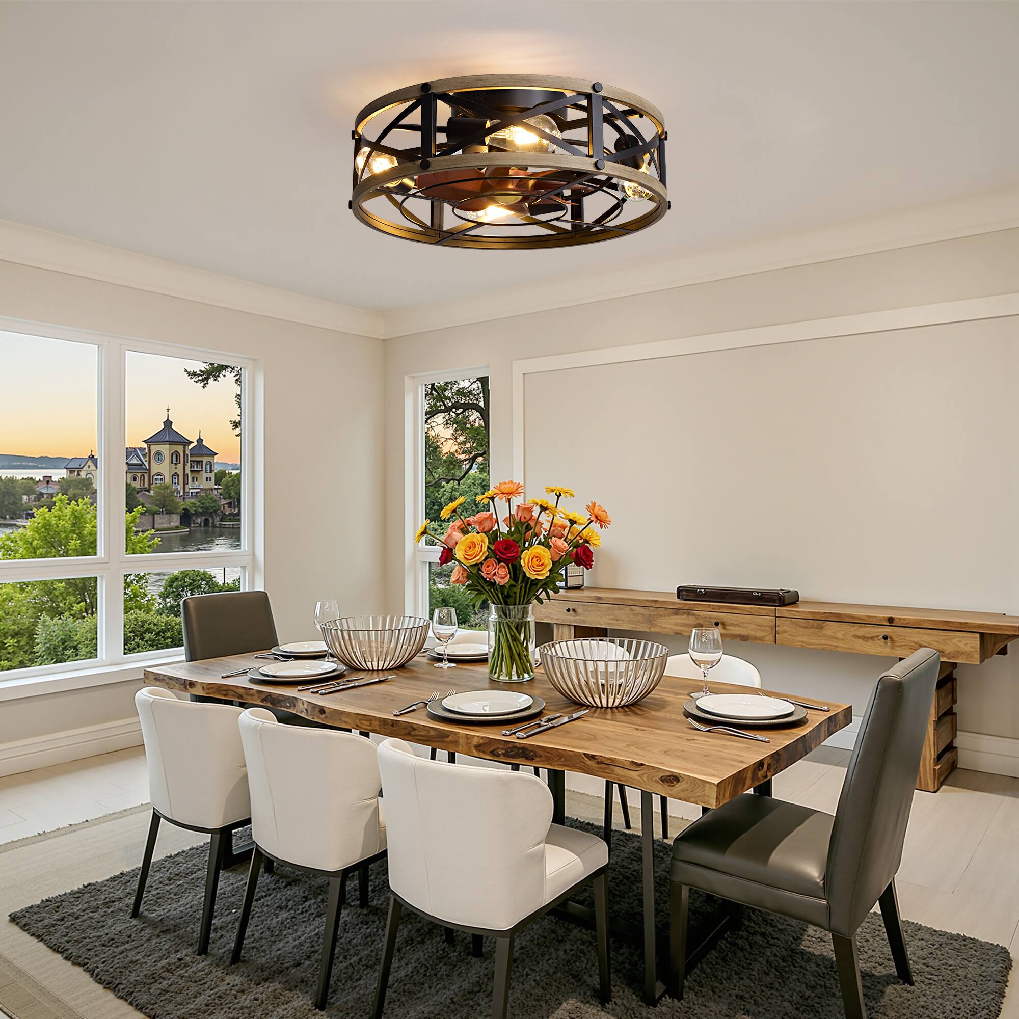 Left. Siljoy - 20 Inch Light Wood Grain Caged Flush Mount Ceiling Fan Light, Rustic Silent Low Profile Fan Lamp for Bedroom - Brown.