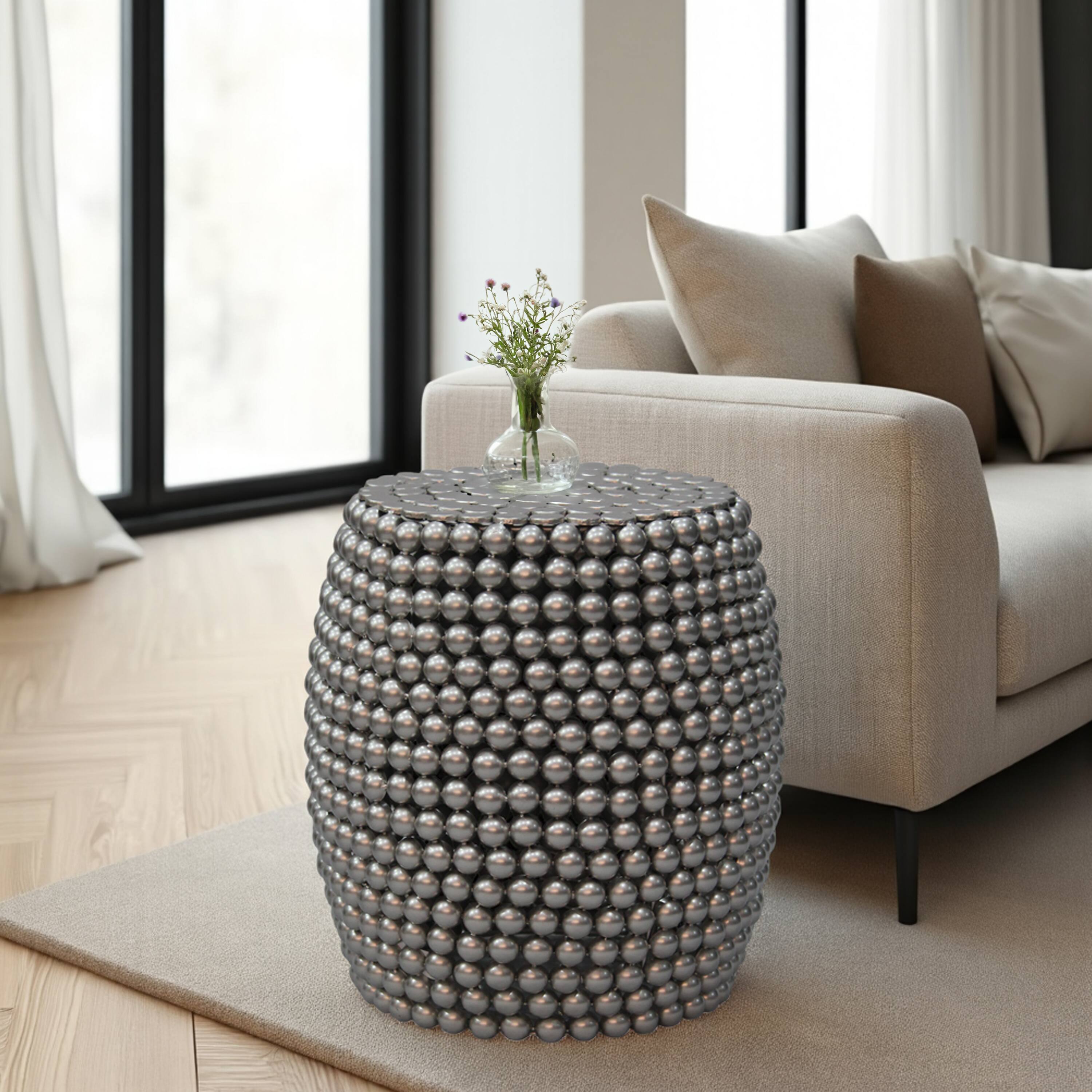 Alt View 10. Manhattan Lane - Eve 18" Side End Table | Silver Metallic Beads Studded Pattern | Nickel Coated Iron Frame - Silver.