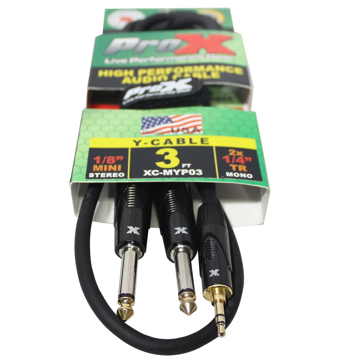 Pro X Live HIGH PERFORMANCE PABLE AUDIO prox

USA Y-CABLE 2x MINI 1/8" 3 FT 1/4" TR STEREO XC-MYP03 MONO
