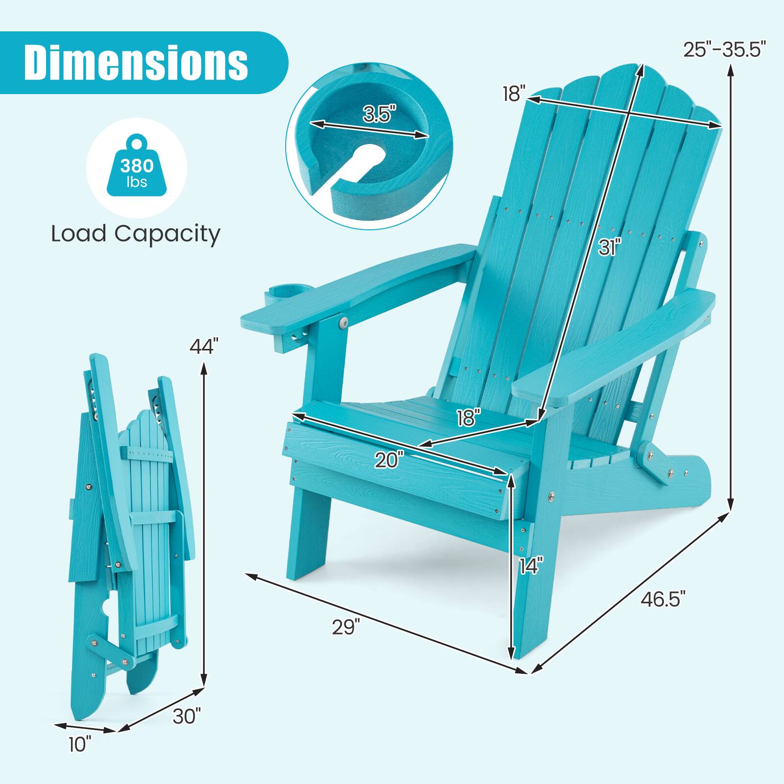 Dimensions: 3.5" x 18" x 25"-35.5"  
Load Capacity: 380 lbs  
Dimensions: 44" x 18" x 20" x 29" x 14" x 46.5" x 10" x 30"