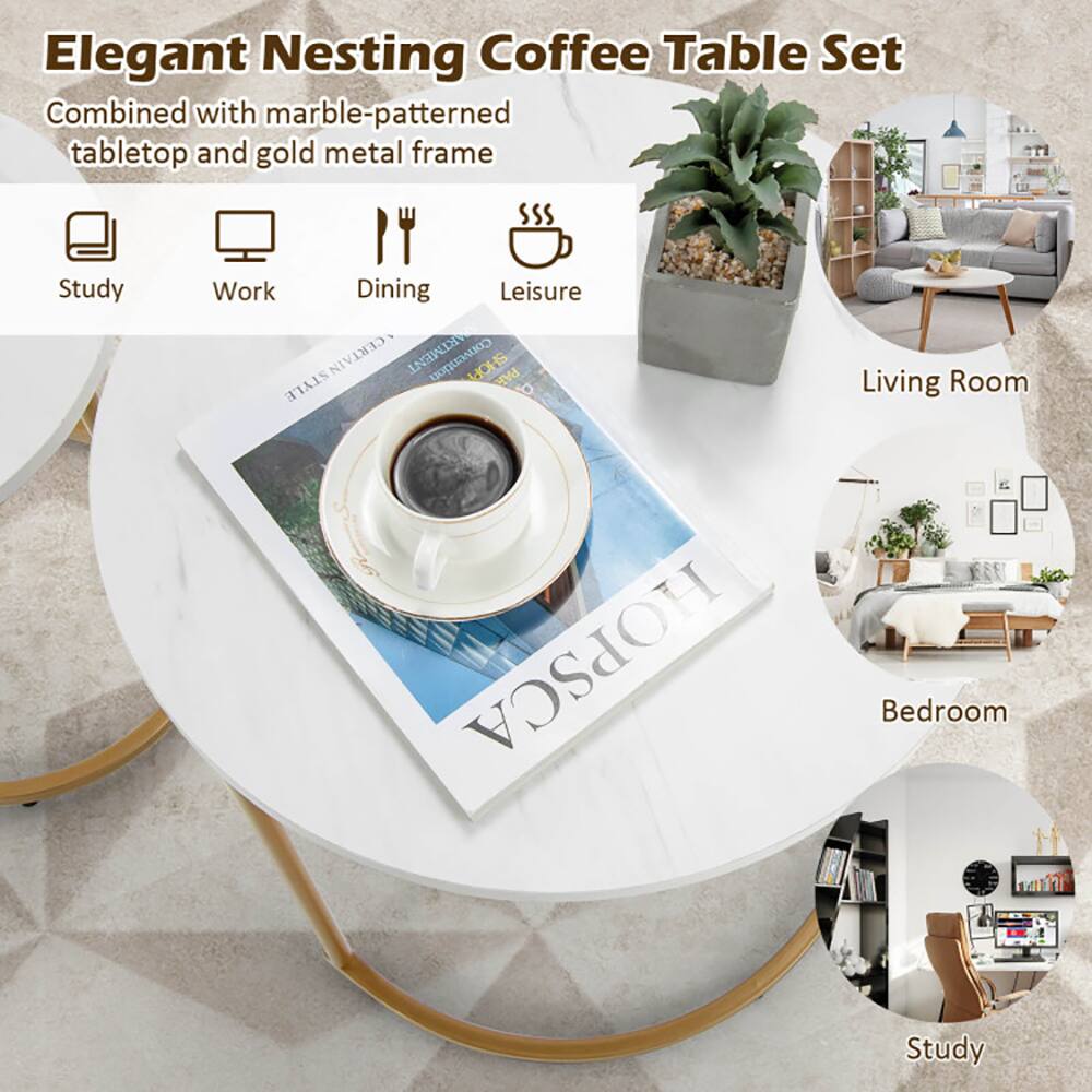 Elegant Nesting Coffee Table Set  
Combined with marble-patterned tabletop and gold metal frame  

Study  
Work  
Dining  
Leisure  

Living Room  
Bedroom  
Study