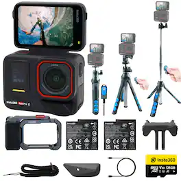 Insta360 - Ace Pro 2 Xplorer 2 Battery Waterproof Action Camera Kit + Selfie Stick - Black
