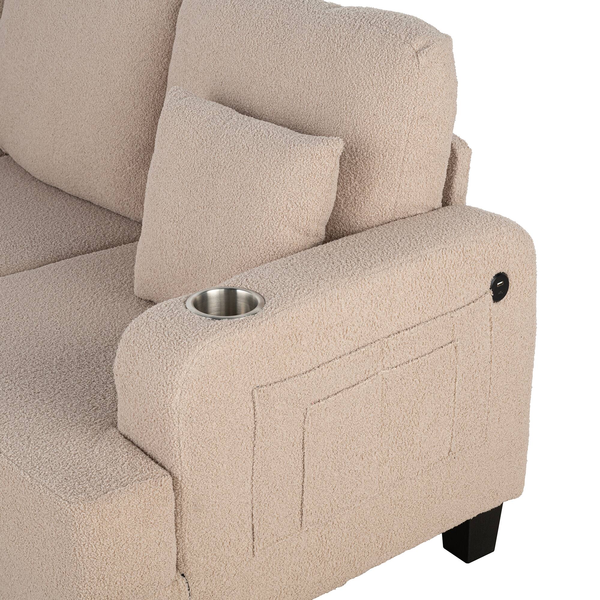 Angle. Vaczon - 3-Seater Reclining Sofa with USB Port and Dual Cup Holders, Comfortable Fabric Couch for Living Room and Home Theater - Beige.