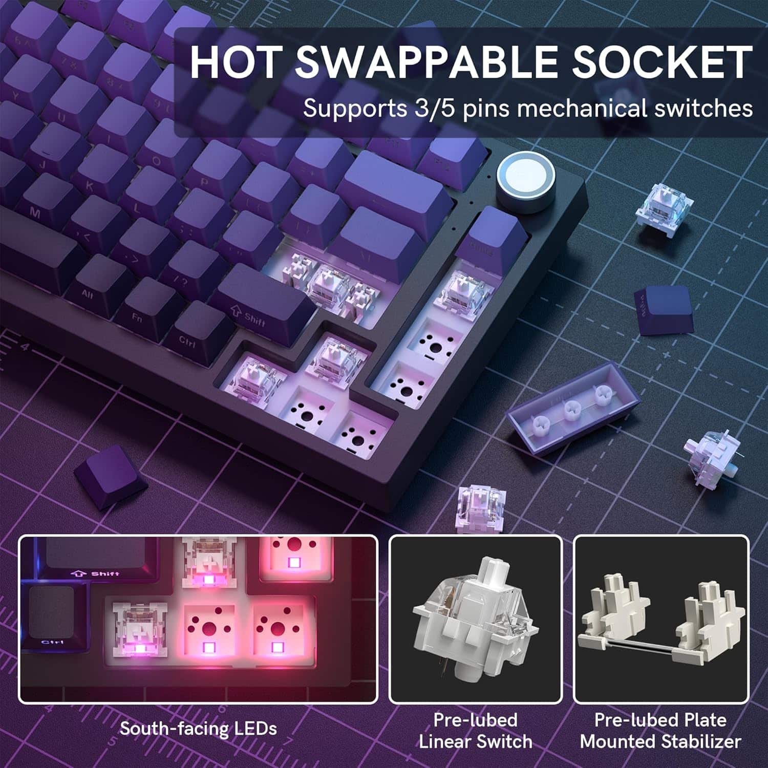 A Y J M 2 11 1 1% HOT SWAPPABLE SOCKET
Supports 3/5 pins mechanical switches
South-facing LEDs
Pre-lubed Linear Switch
Pre-lubed Plate Mounted Stabilizer