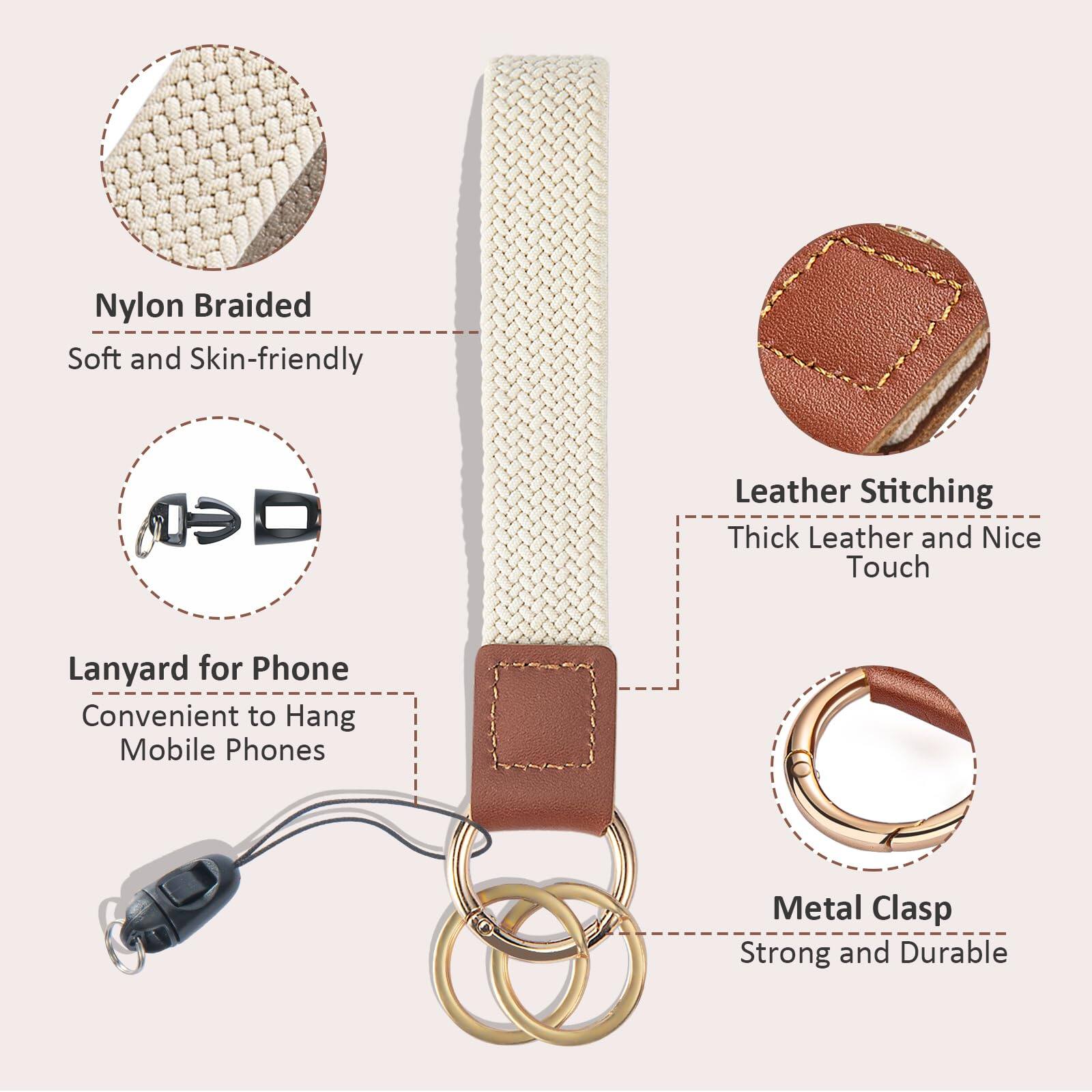 - Nylon Braided
  - Soft and Skin-friendly

- Leather Stitching
  - Thick Leather and Nice Touch

- Lanyard for Phone
  - Convenient to Hang Mobile Phones

- Metal Clasp
  - Strong and Durable