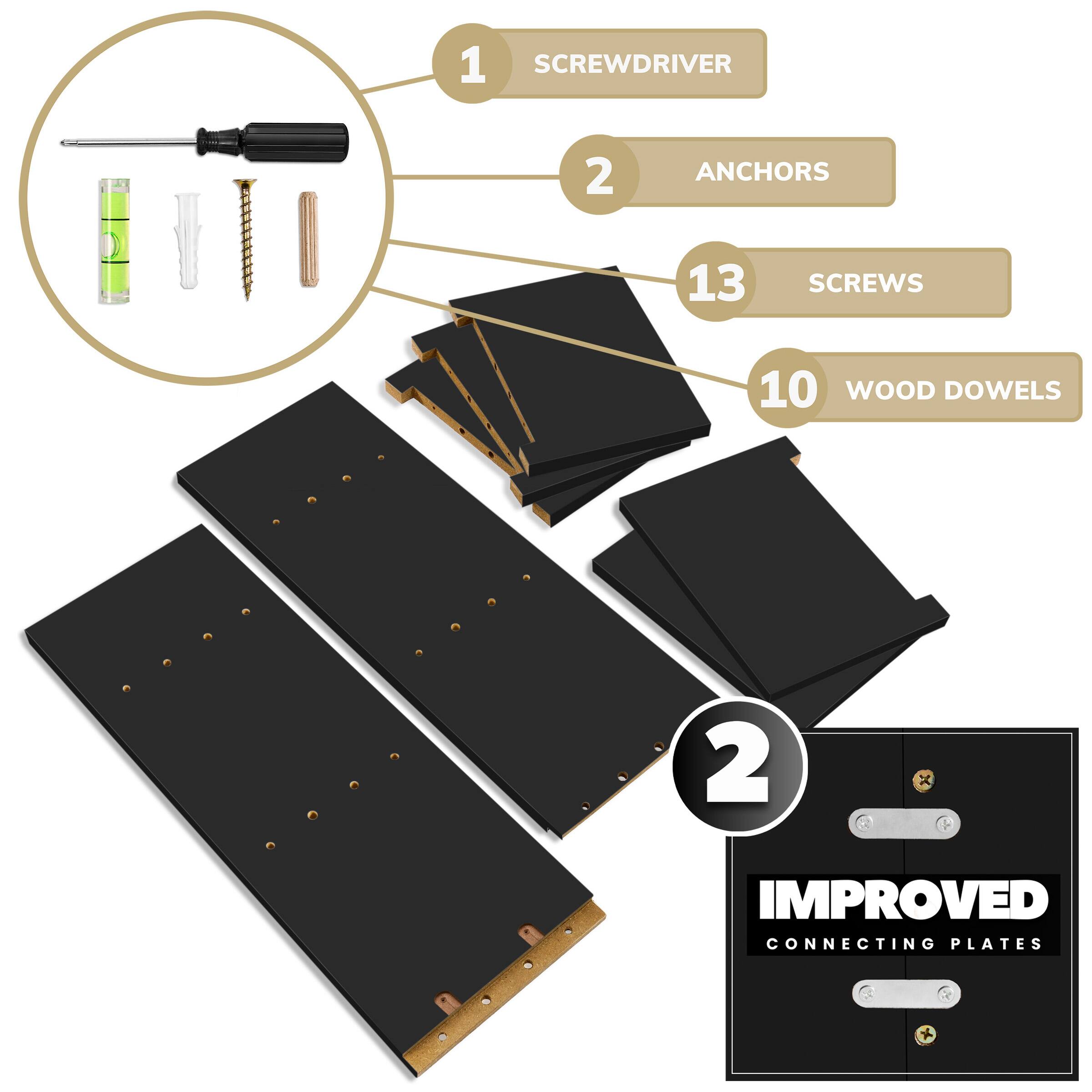 1 SCREWDRIVER
2 ANCHORS
13 SCREWS
10 WOOD DOWELS
2 IMPROVED CONNECTING PLATES