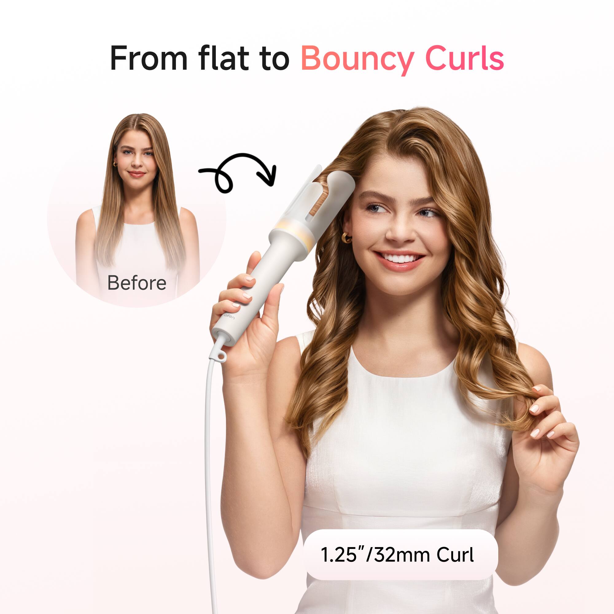 From flat to Bouncy Curls

Before

1.25"/32mm Curl
