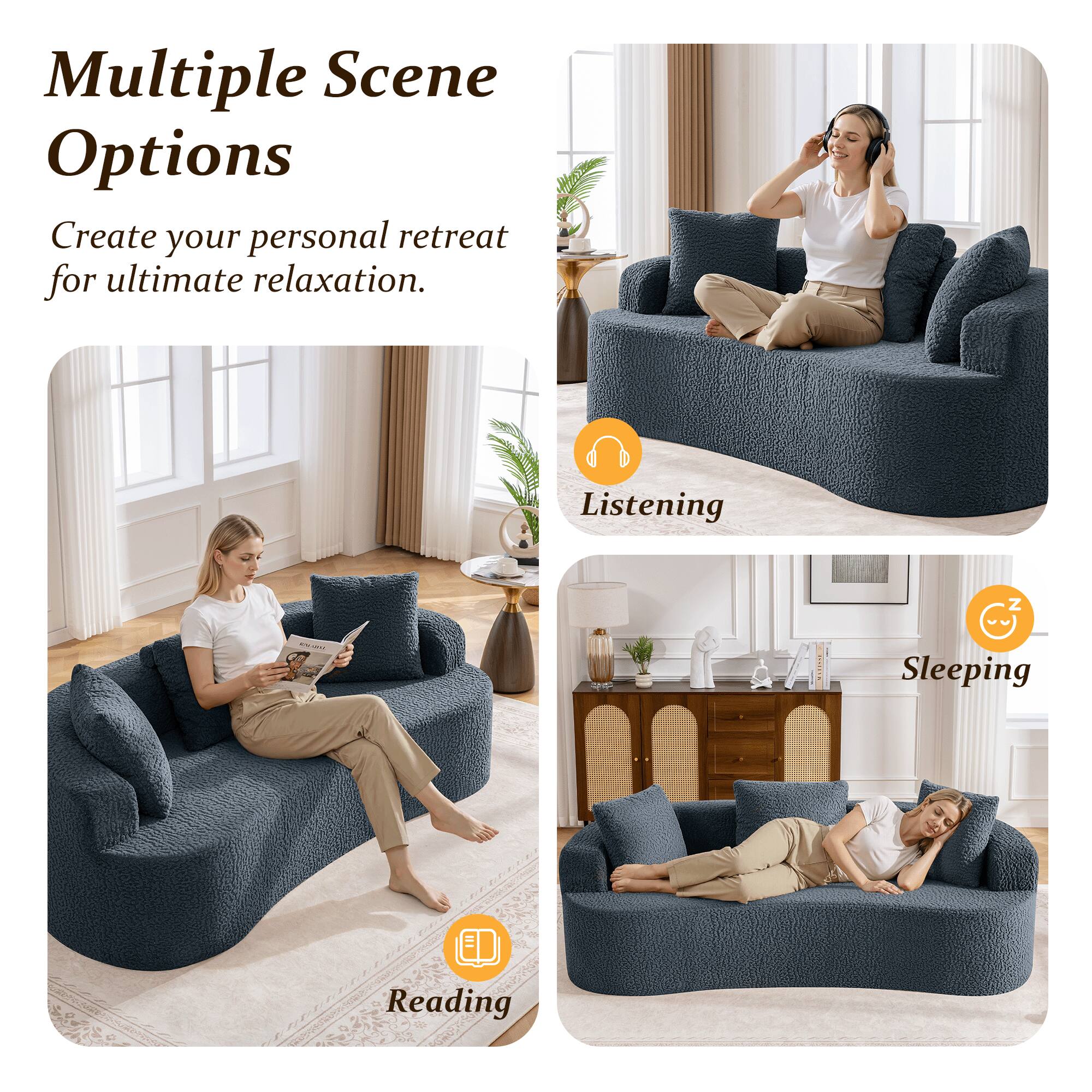Multiple Scene Options  
Create your personal retreat for ultimate relaxation.  

Listening  
Sleeping  
Reading