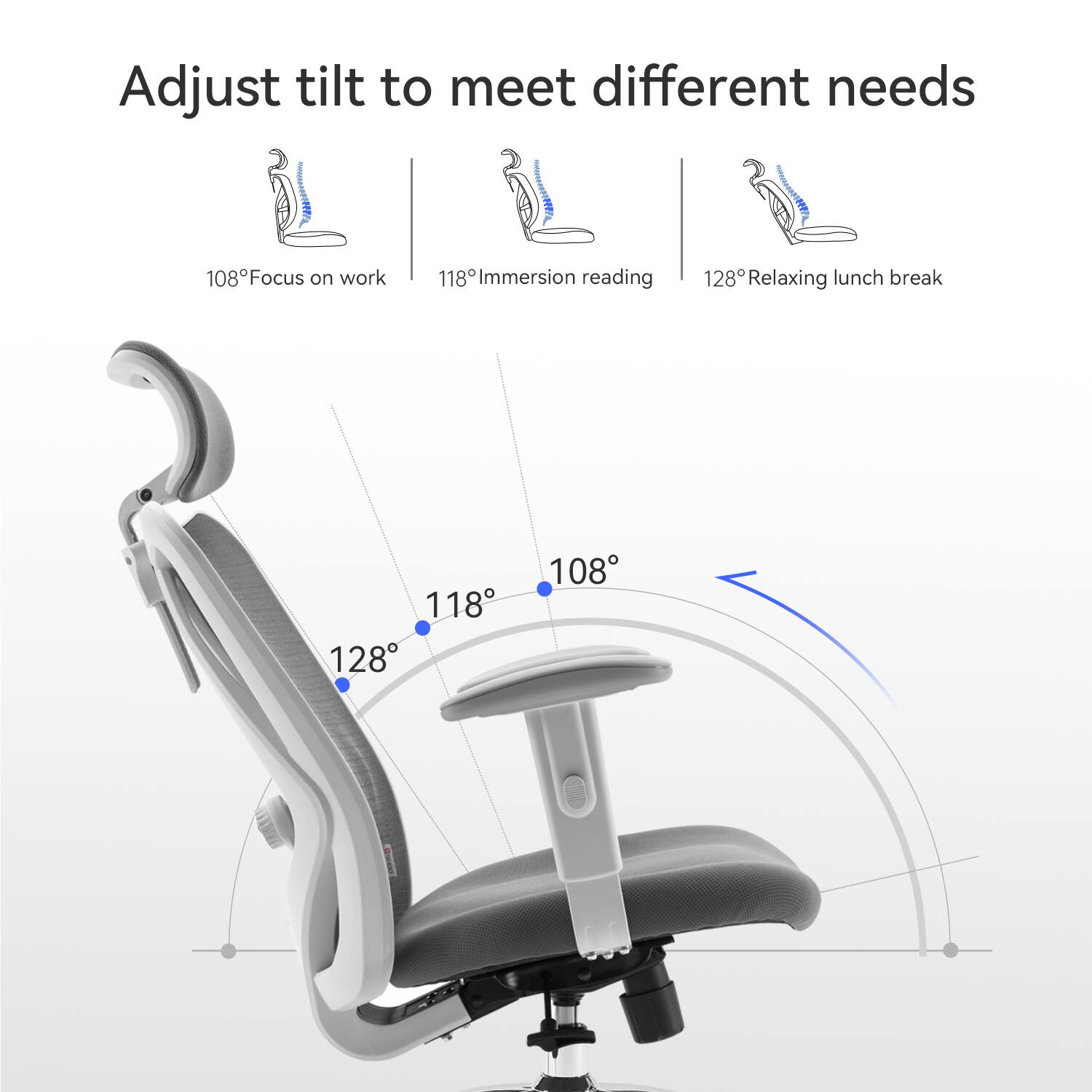 Adjust tilt to meet different needs

108° Focus on work  
118° Immersion reading  
128° Relaxing lunch break