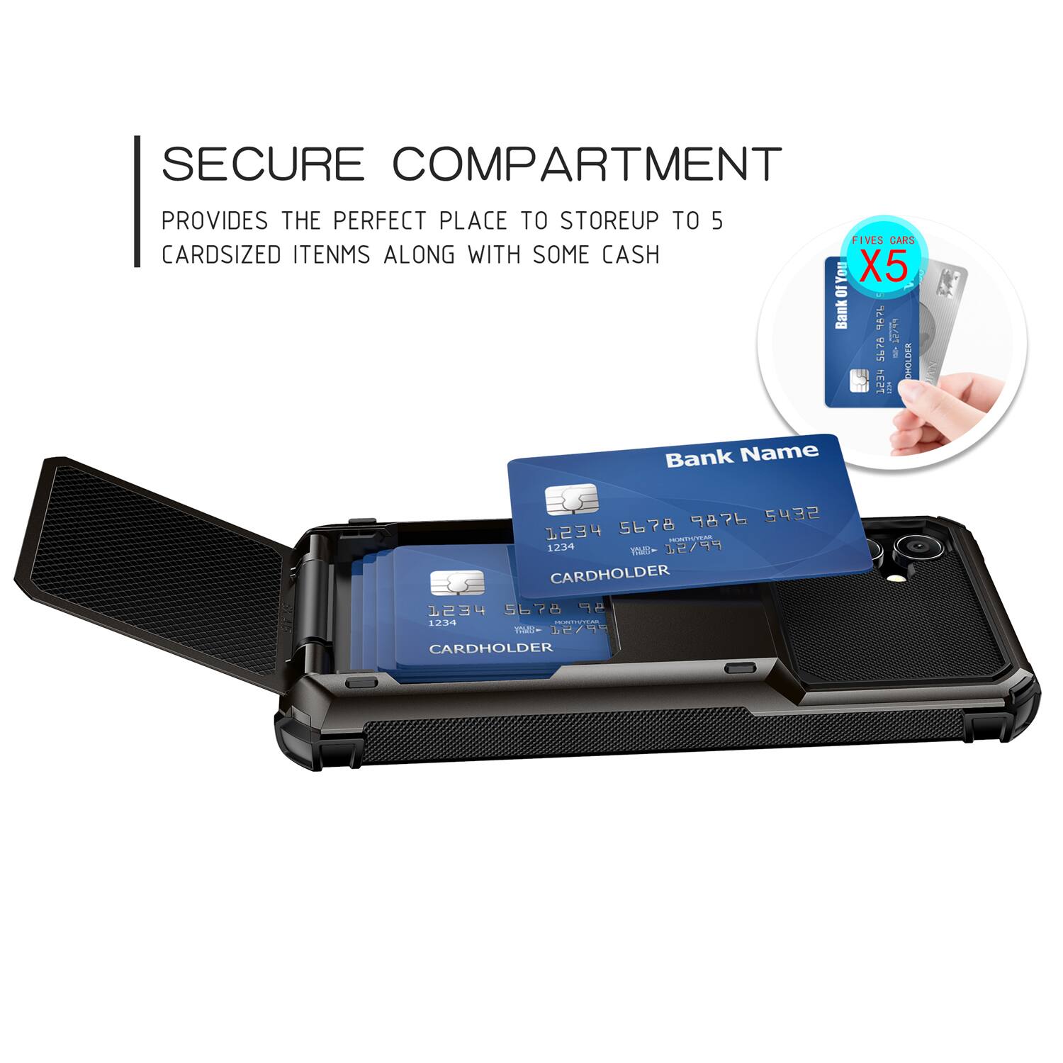 SECURE COMPARTMENT PROVIDES THE PERFECT PLACE TO STORE UP TO CARDSIZED ITEMS ALONG WITH SOME CASH

5 FIVES CARS

01 You X5

10 Bank A w 5678

i CHOLDER

123 5 Bank Name 9876 5432 1234 5678

E 12:34

me- 12/99

CARDHOLDER

1234 5678

1234

1- /4

CARDHOLDER