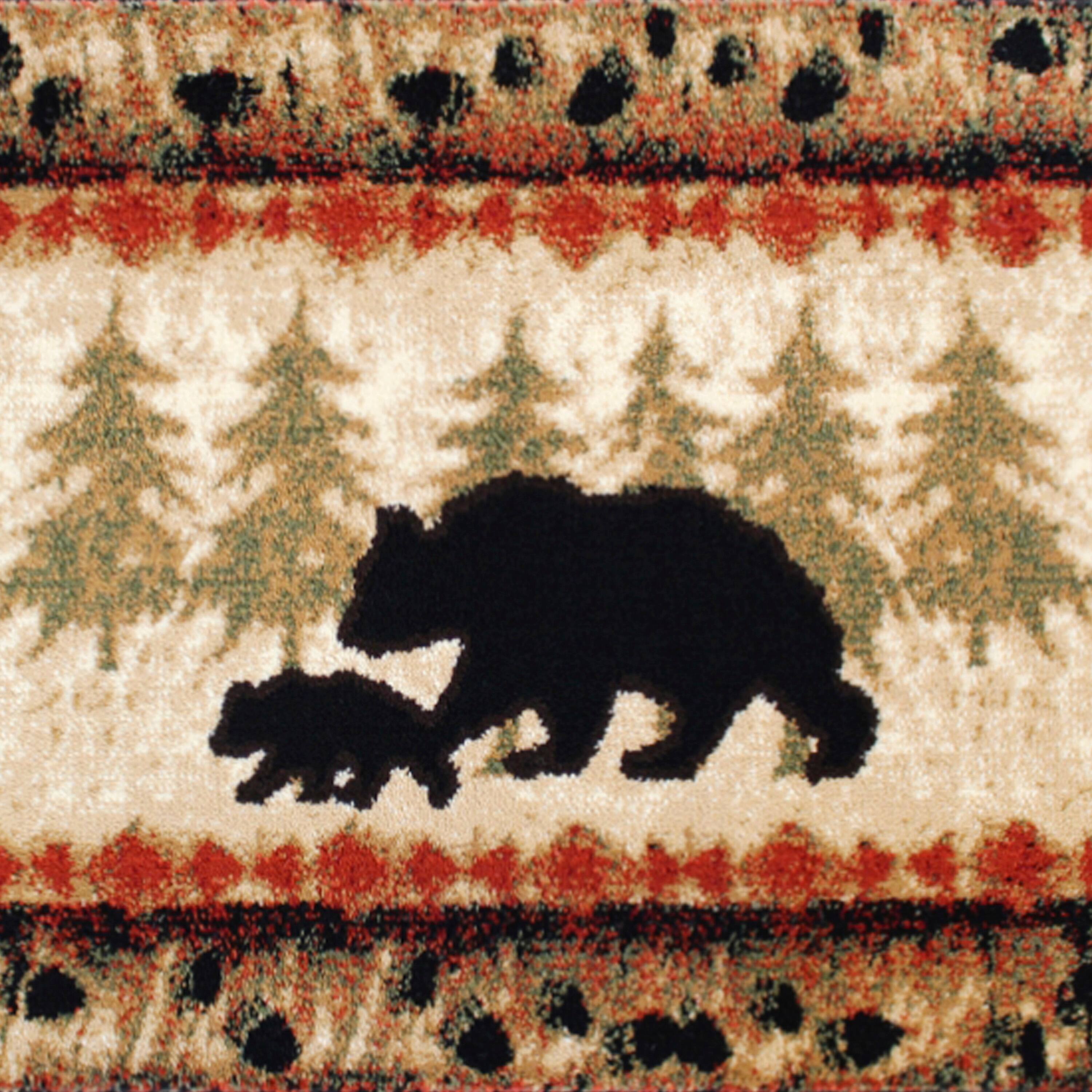 Alt View 5. Emma + Oliver - Rustic Cabin Theme Accent Rug with Bear and Cub Design with Trees in Background and Bear Track Patterned Edges - Brown.