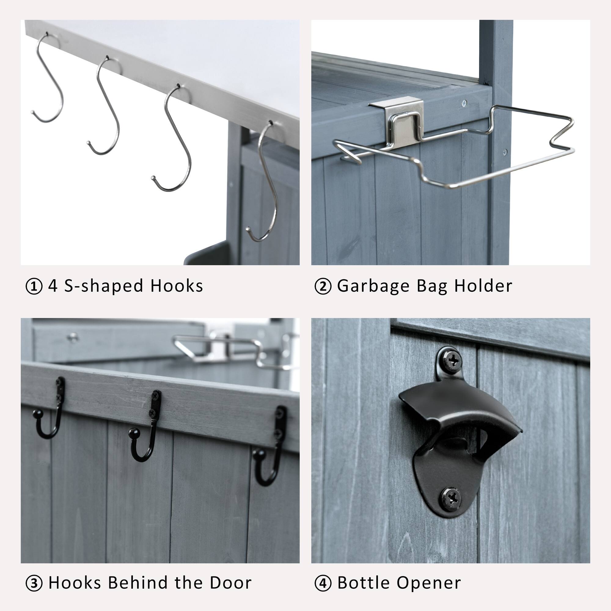 1. 4 S-shaped Hooks  
2. Garbage Bag Holder  
3. Hooks Behind the Door  
4. Bottle Opener
