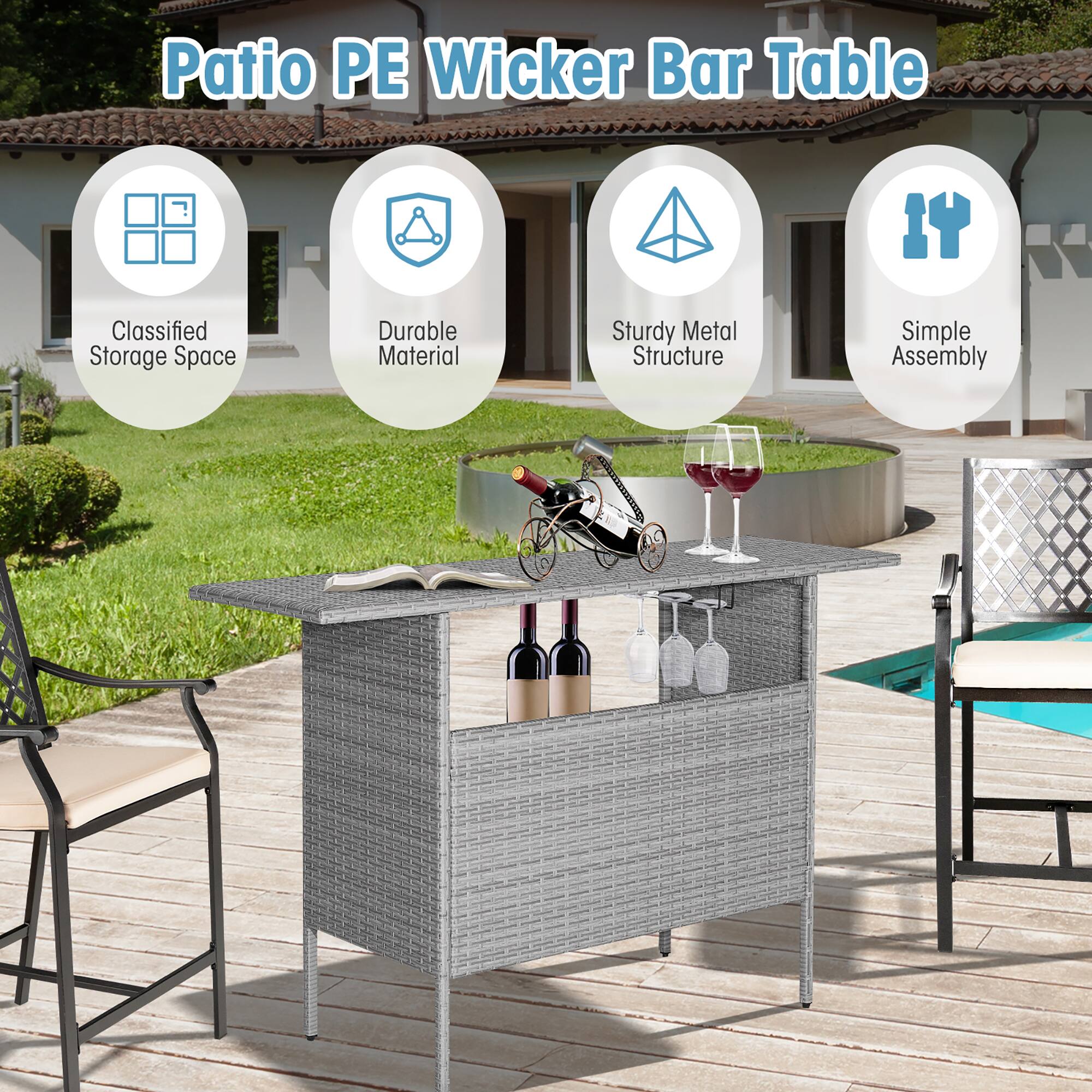 Patio PE Wicker Bar Table

- Classified Storage Space
- Durable Material
- Sturdy Metal Structure
- Simple Assembly