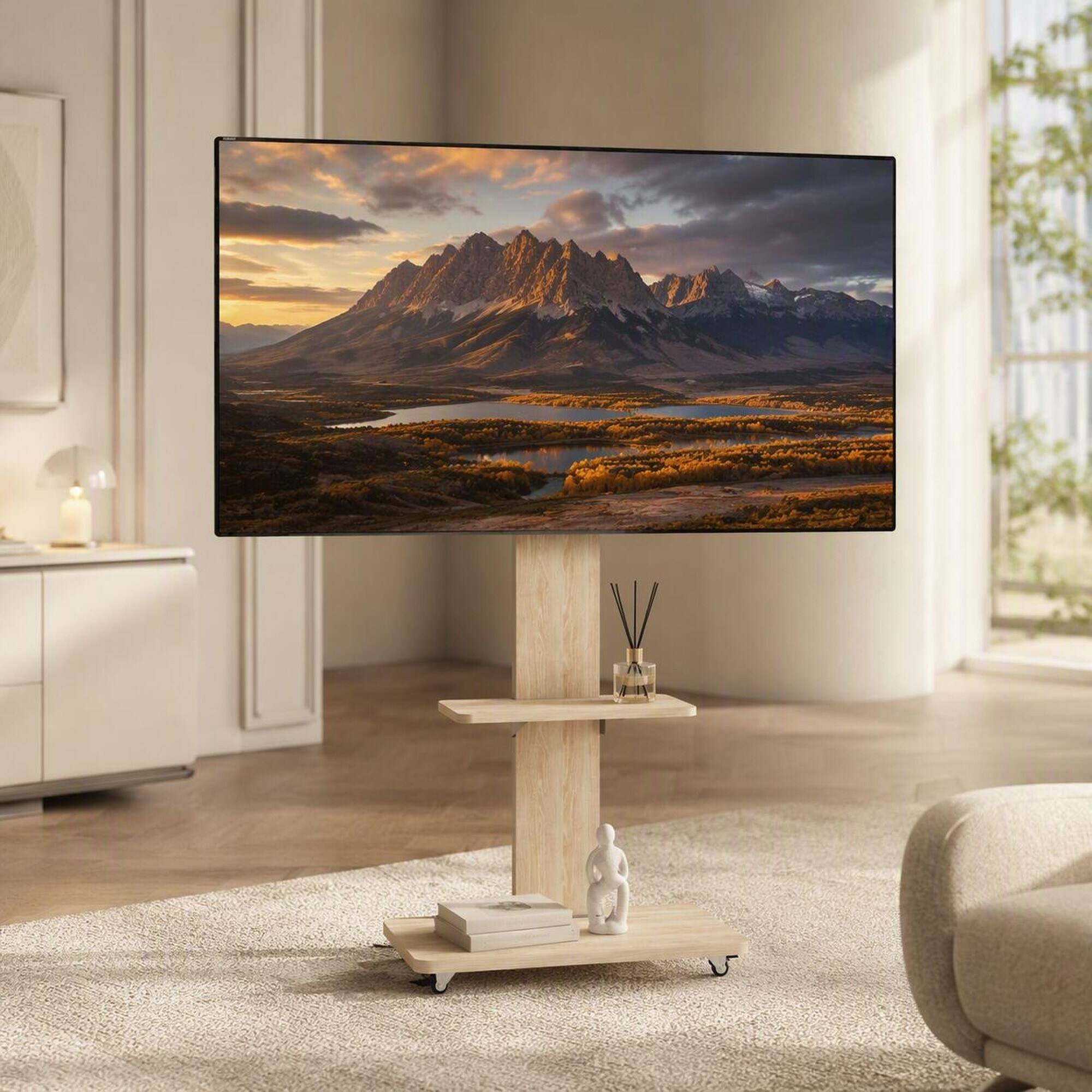 Front. RYHNUYNE - TV Stand With Storage Shelf, Natural Mobile Floor Cart With Lockable Wheels For 32-75 Inch TVs - Natural.