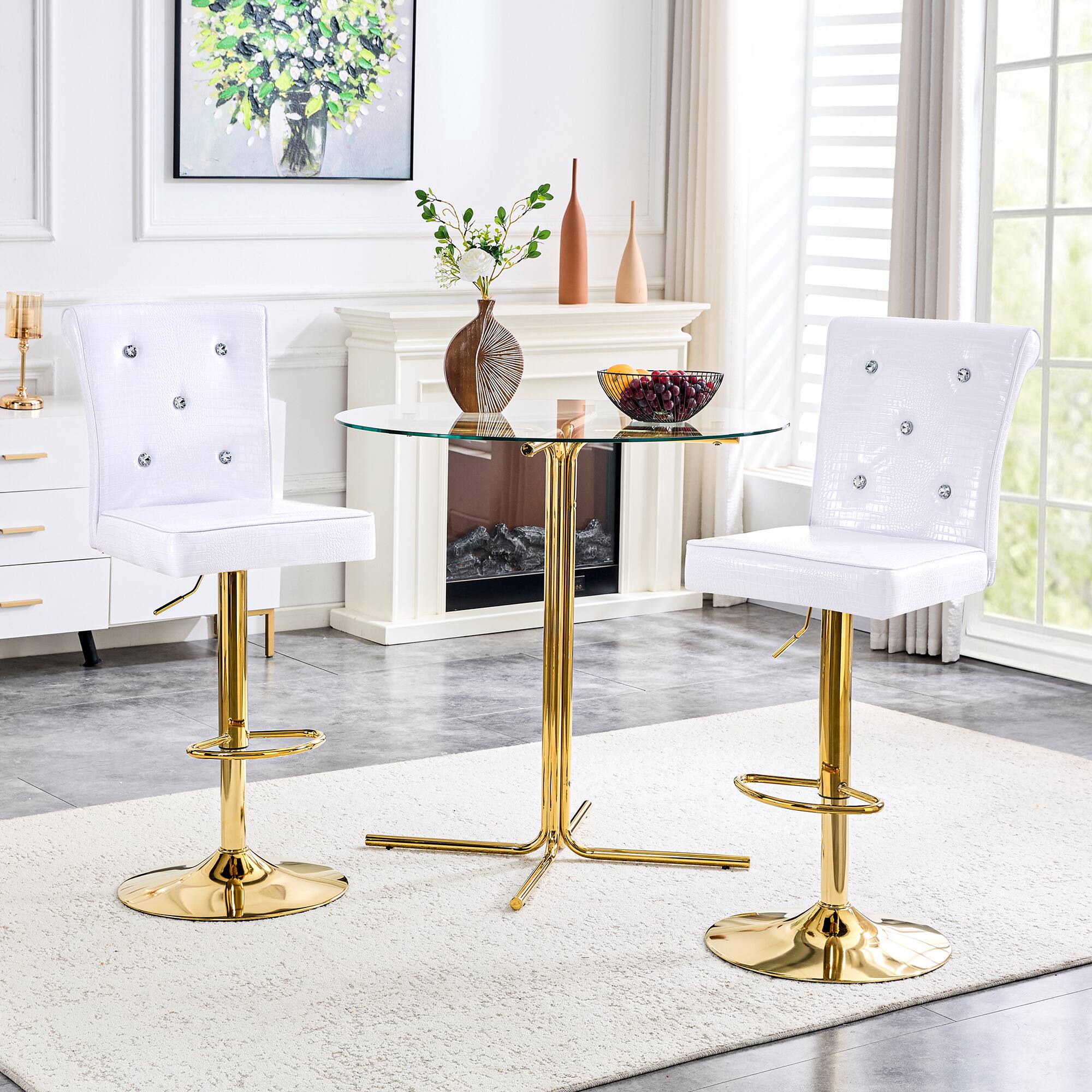 Angle. Anysun - Set of 2 Vintage Crocodile Leather Dining Chairs with Crystal Clasp, Faux Leather Lift Chairs for Home or Restaurant - White,Gold.