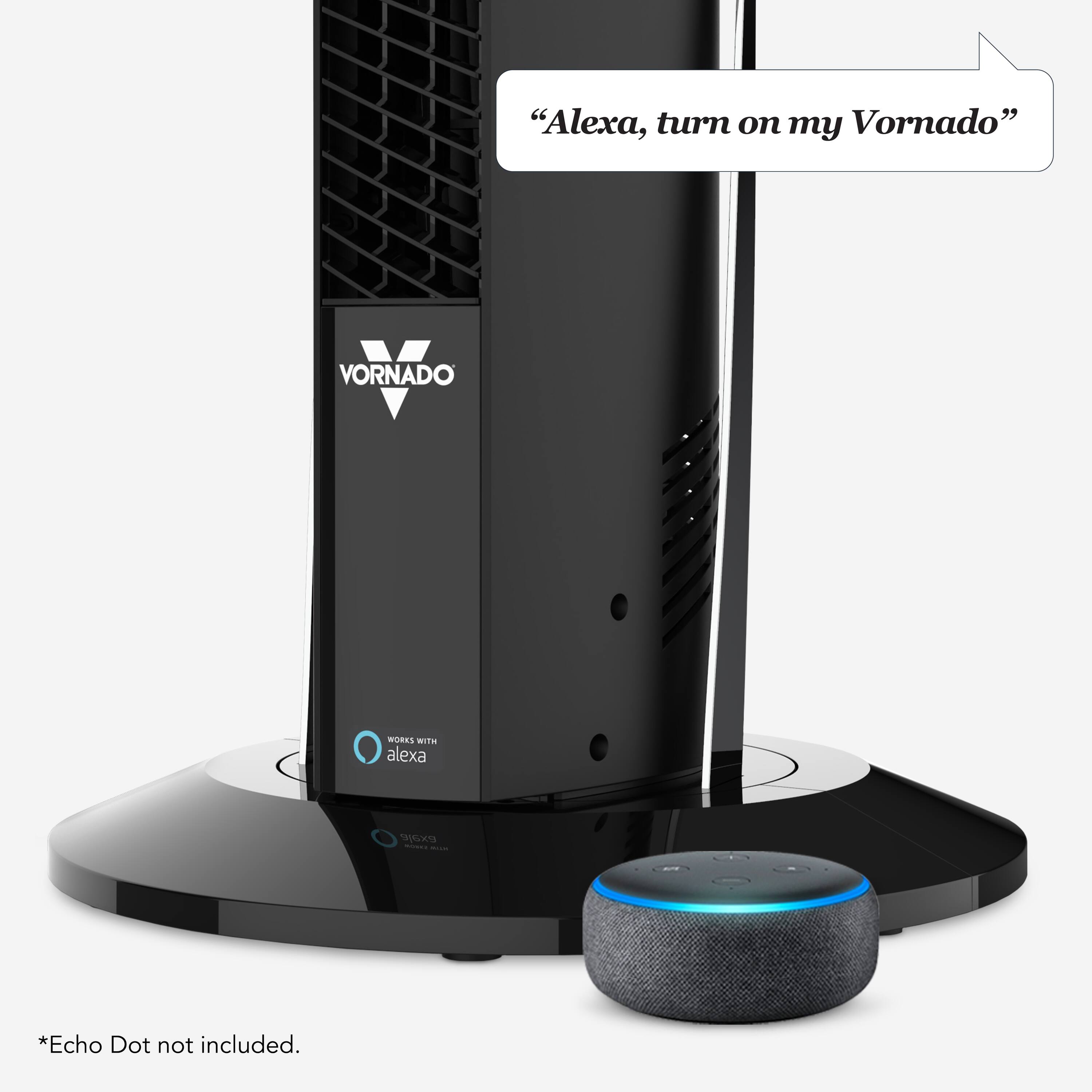 "Alexa, turn on my Vornado" is a statement that implies the user wants to turn on a Vornado device using the Alexa voice assistant. The text on the image indicates that an Echo Dot is not included with the Vornado device.