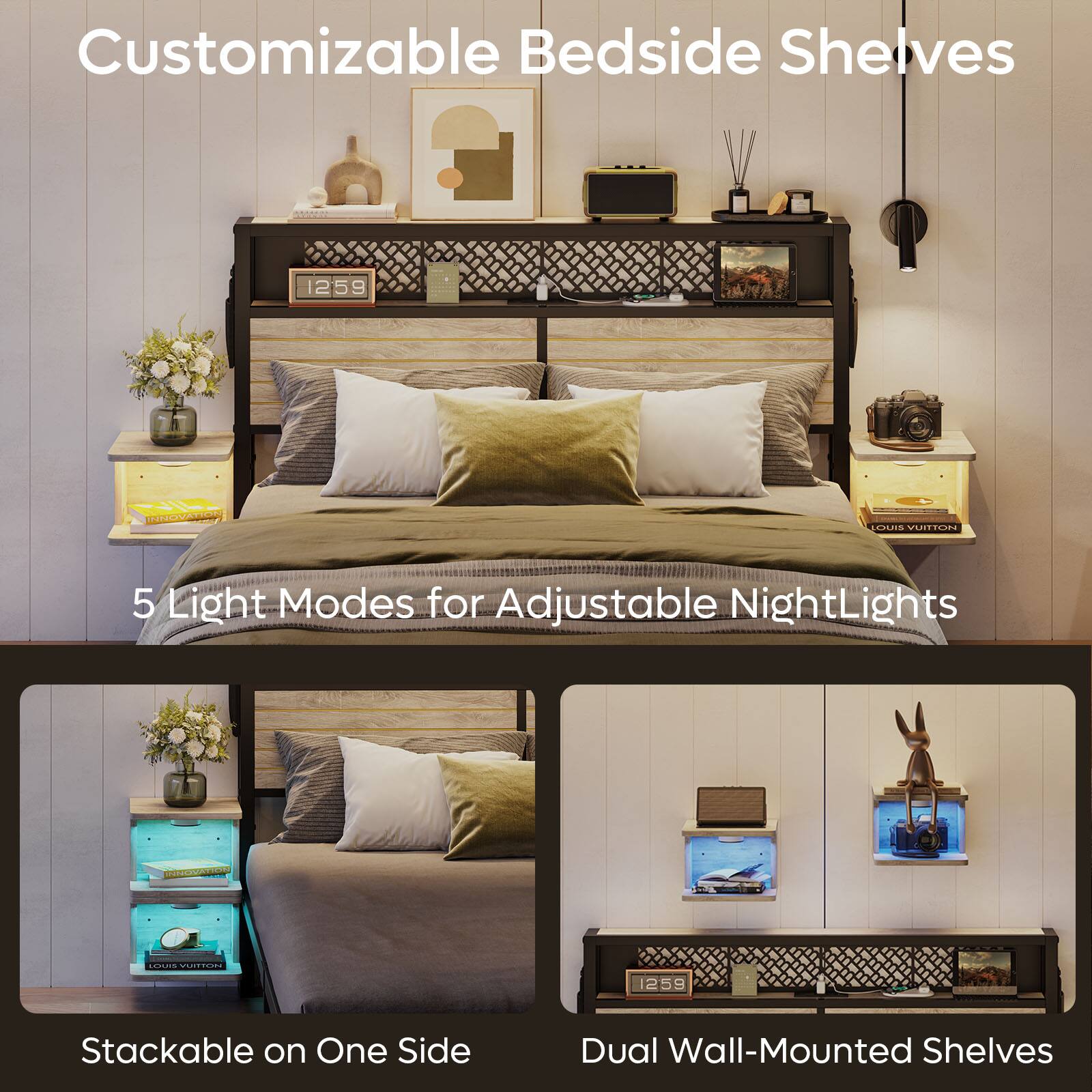 Customizable Bedside Shelves: 5 Light Modes for Adjustable NightLights. Stackable on One Side. Dual Wall-Mounted Shelves.