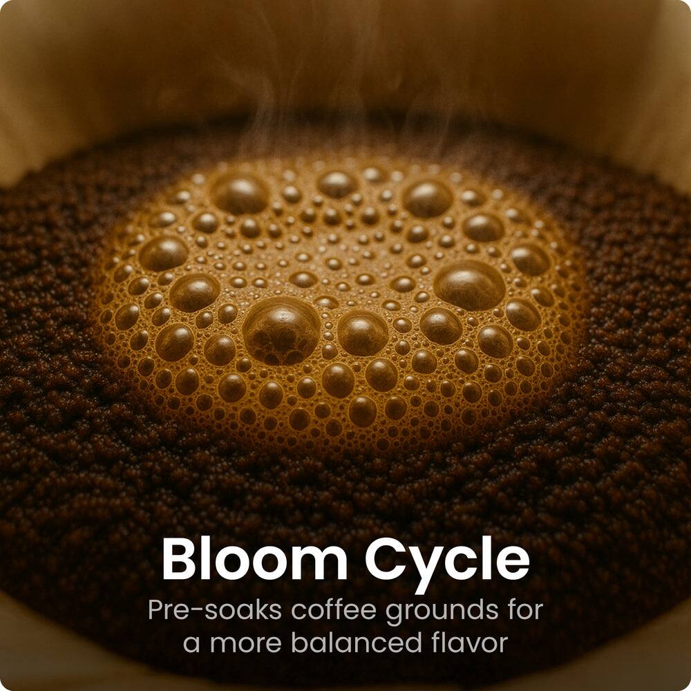 Bloom Cycle  
Pre-soaks coffee grounds for a more balanced flavor
