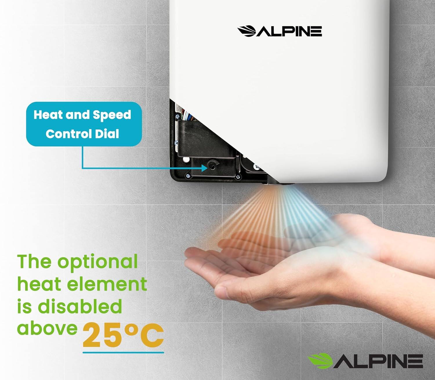 ALPINE, Heat and Speed Control Dial, The optional heat element is disabled above 25°C, ALPINE