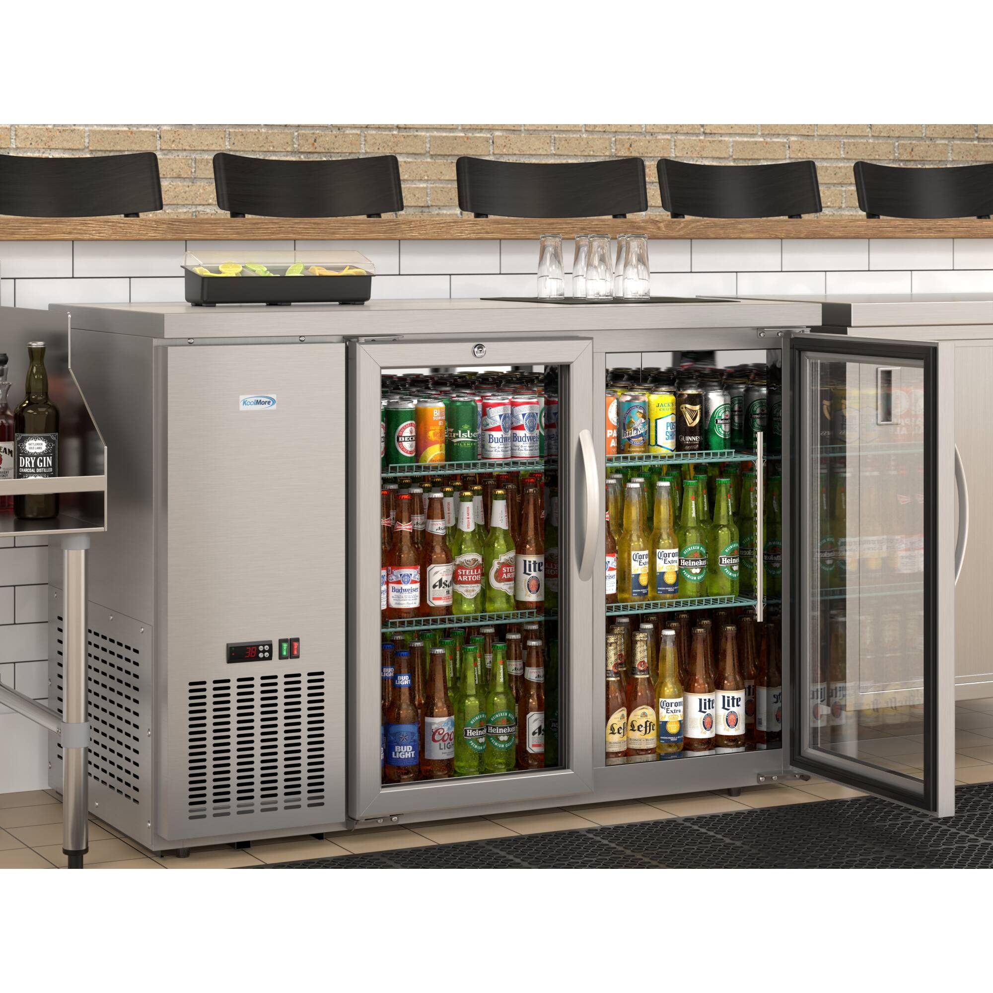 The image shows a refrigerator filled with various drinks, including sodas and beers. The refrigerator is stocked with a wide assortment of beverages, including both alcoholic and non-alcoholic options. The drinks are organized in the refrigerator, making it easy for customers to find their desired beverage. The refrigerator is placed in a restaurant setting, where it serves as a convenient and accessible source of refreshments for patrons.