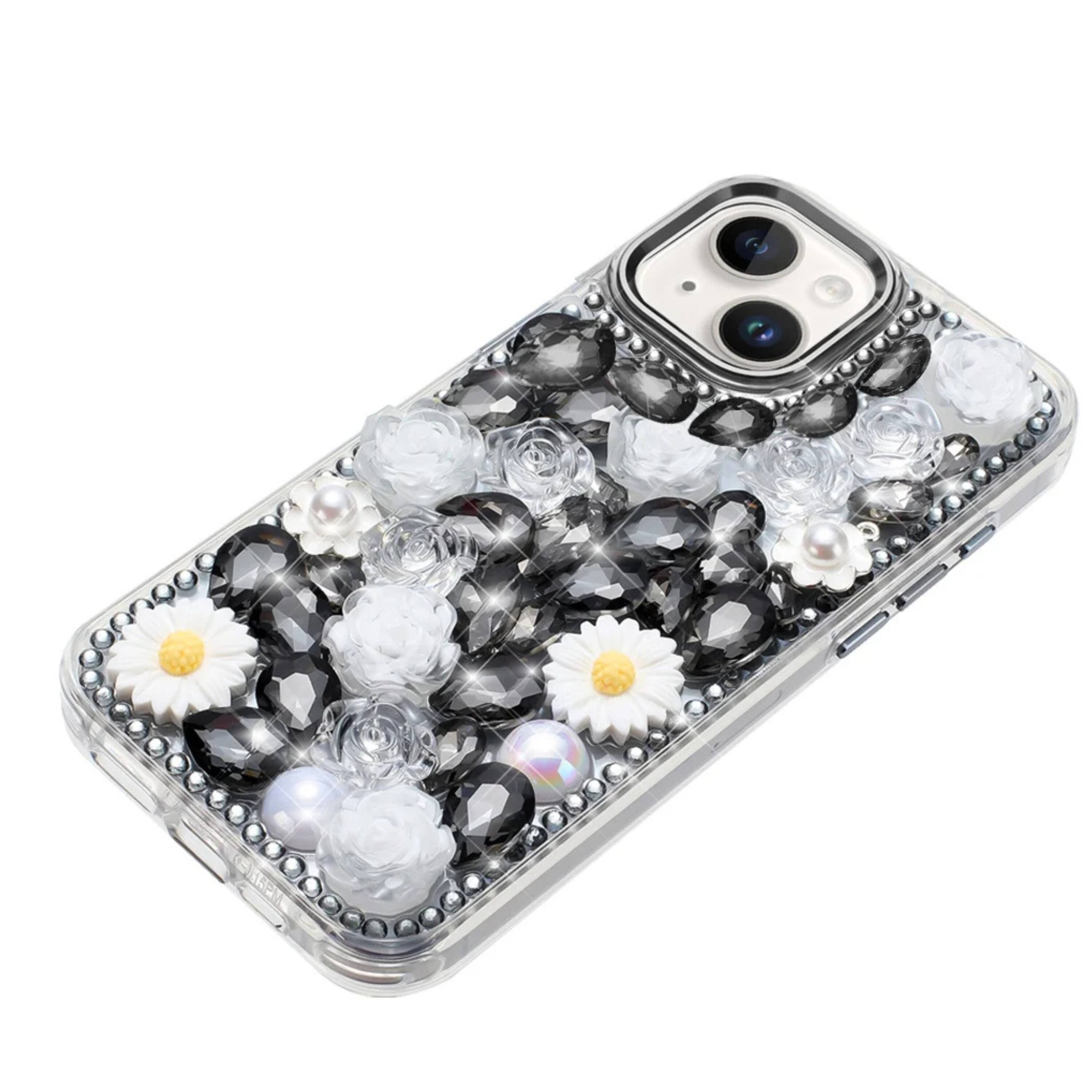 Angle. Kitcheniva - Full 3D Bling Rhinestone Jewel Shockproof Phone Case With Tempered Glass For iPhone 13 14 Black - Black.