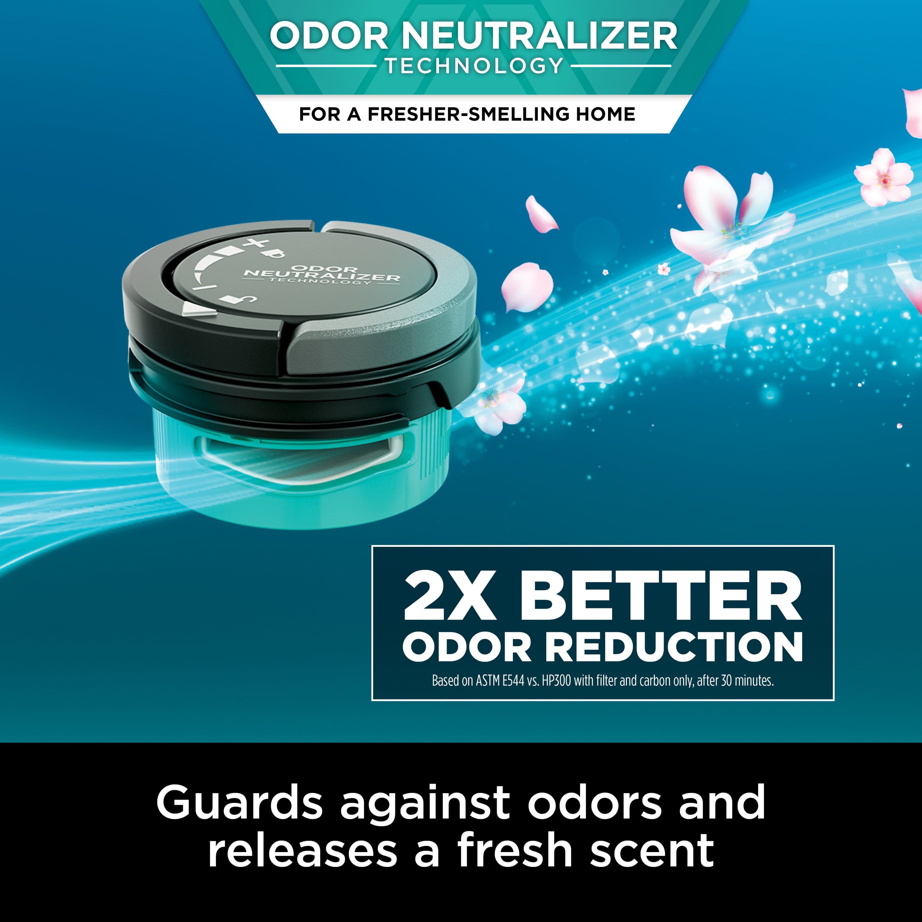 Odor Neutralizer Technology for a fresher-smelling home. Odor Neutralizer TCCOdOCCN 2X Better Odor Reduction Based on ASTM E544 vs. HP300 with filter and carbon only, after 50 minutes. Guards against odors and releases a fresh scent.