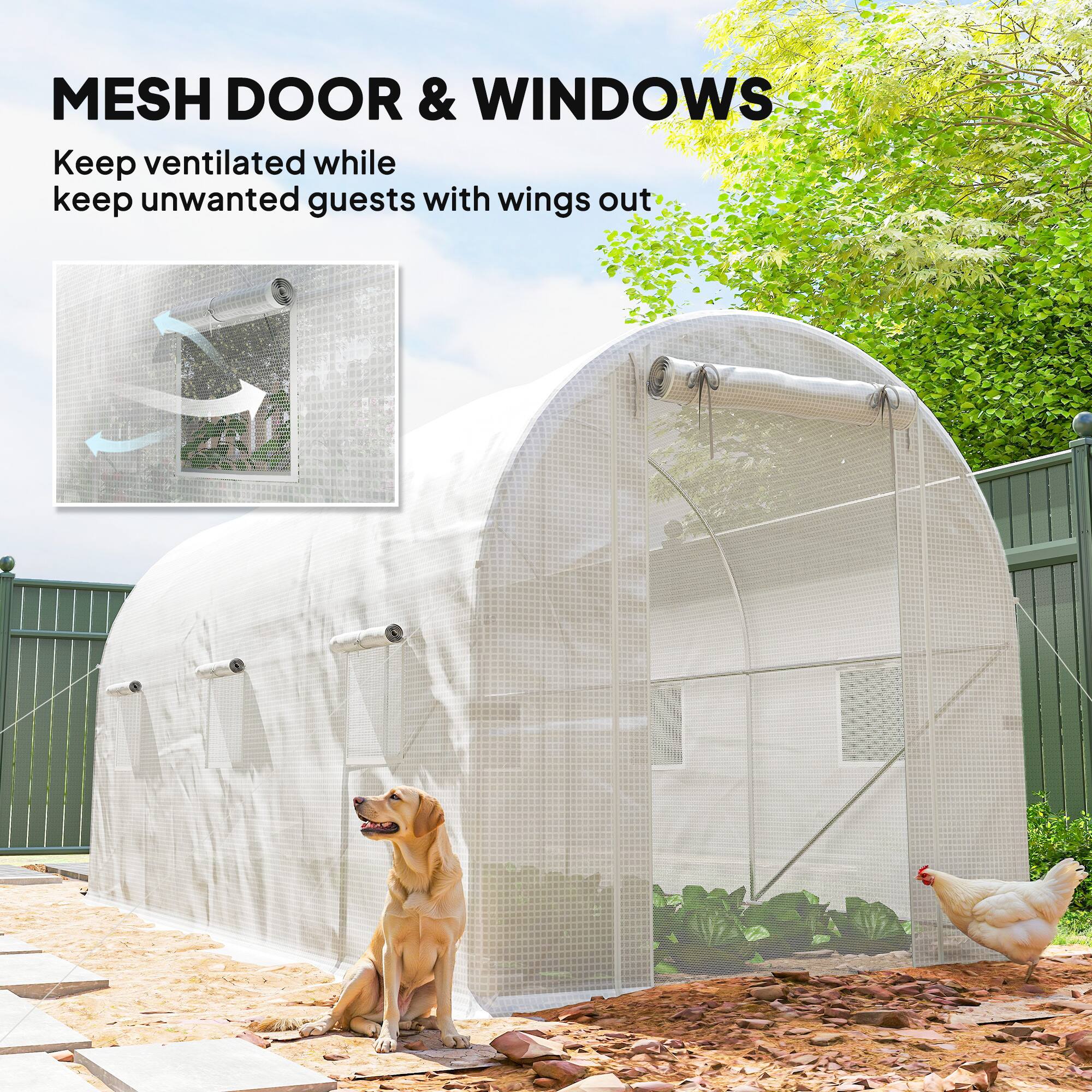 Alt View 5. Outsunny - 14.6'x6.5'x6.6' Hoop House Greenhouse with 2 Support Rods, Zippered Roll-up Mesh Door, Mesh Windows.