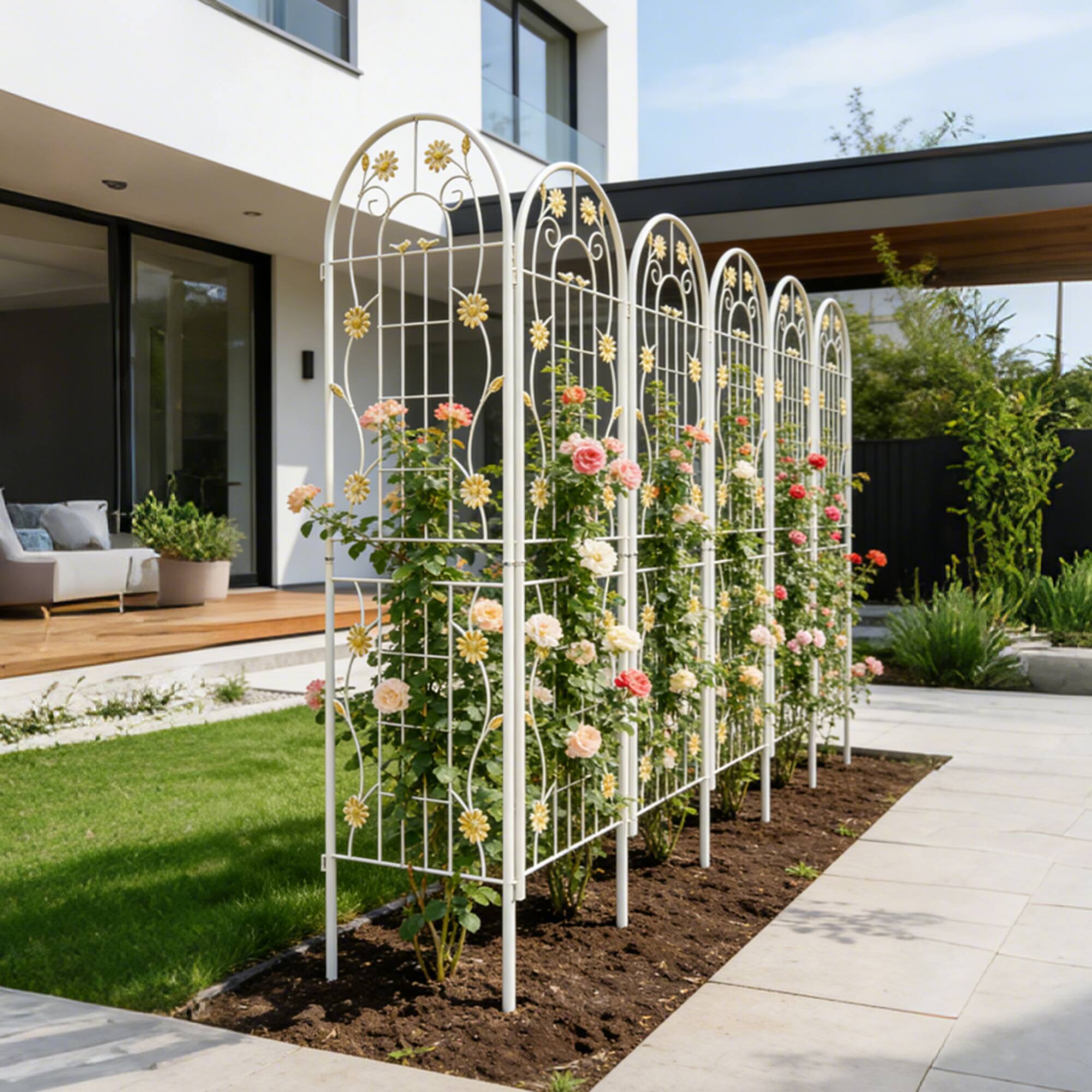 Back. Loheer - 4 Pack Metal Garden Trellis for Climbing Plants Rustproof Outdoor Flower Support - Cream White.