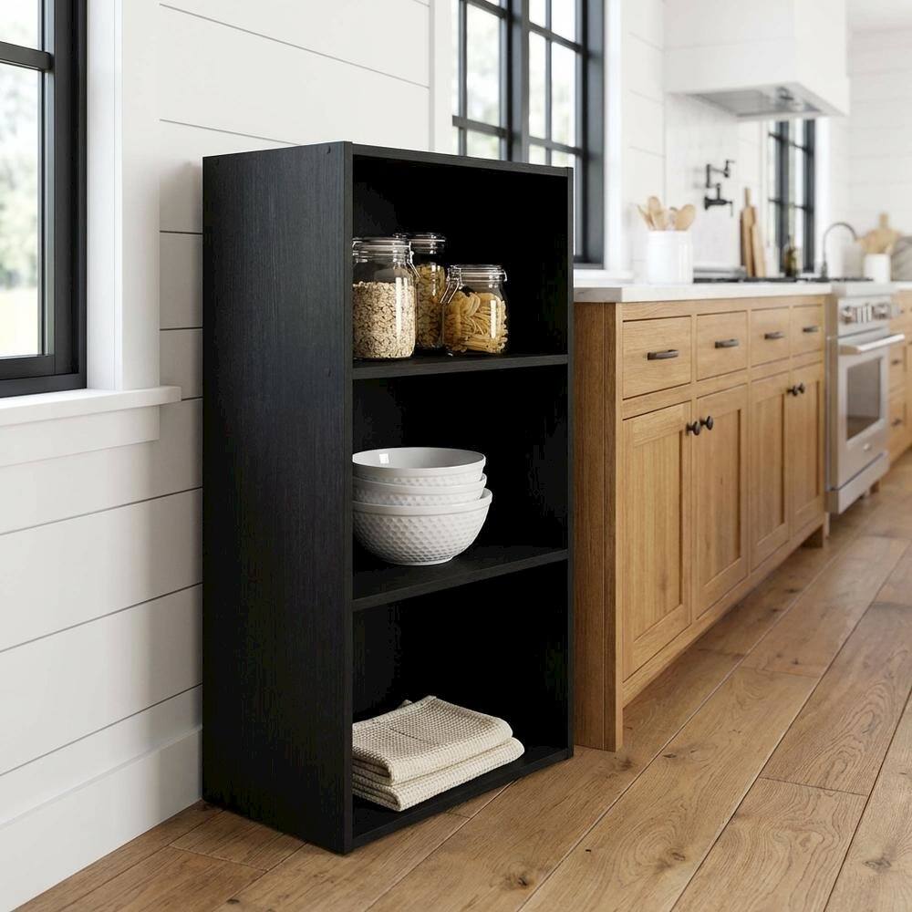 Angle. FurniFact - 3-Tier Open Shelf Bookcase with Sturdy Engineered Wood Design - Blackwood.