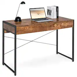 Costway - Metal Framed Computer Desk with 2 Drawers - Rustic Brown